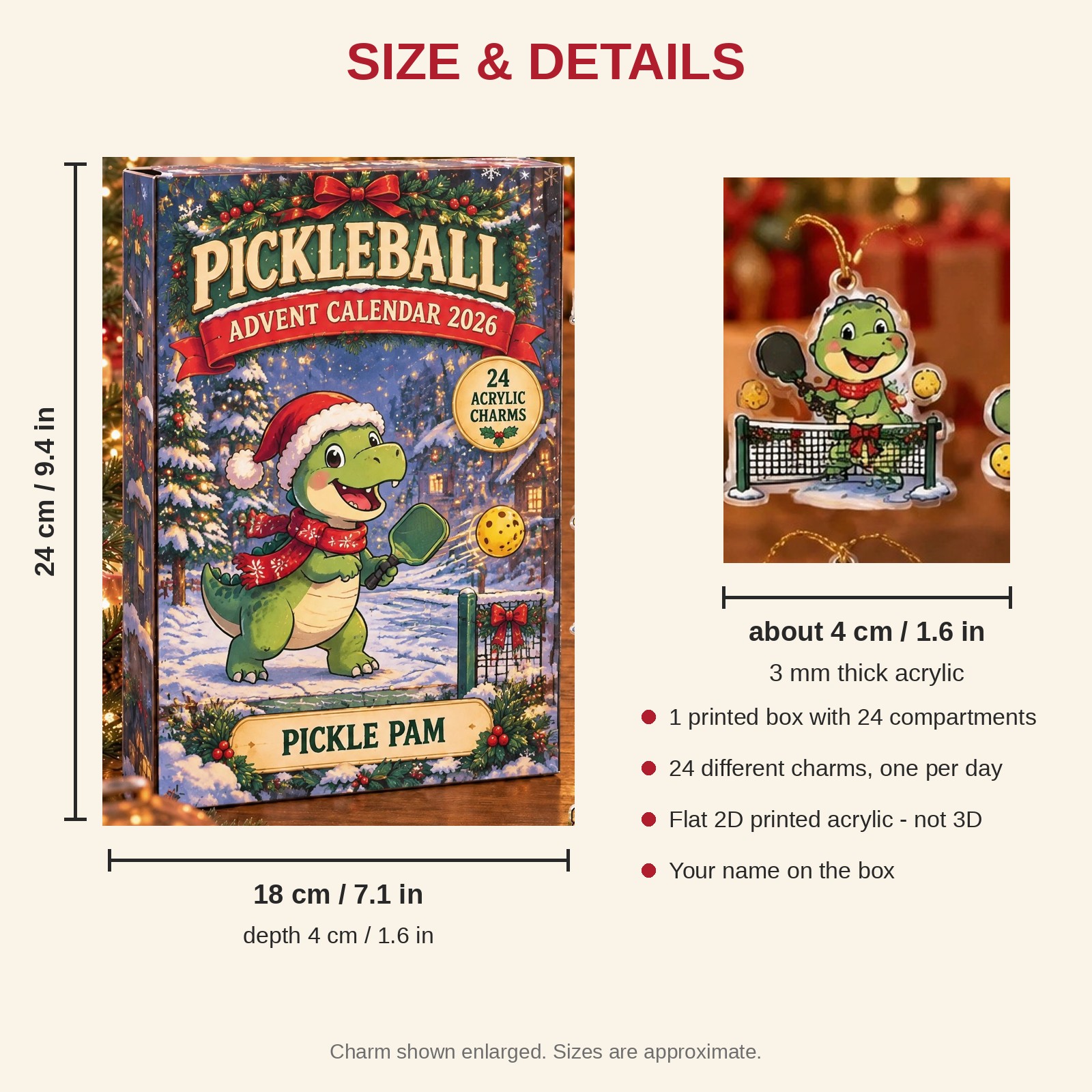 Personalized Pickleball Dinosaur advent calendar box with 24 flat acrylic Christmas charms: box and charm sizes