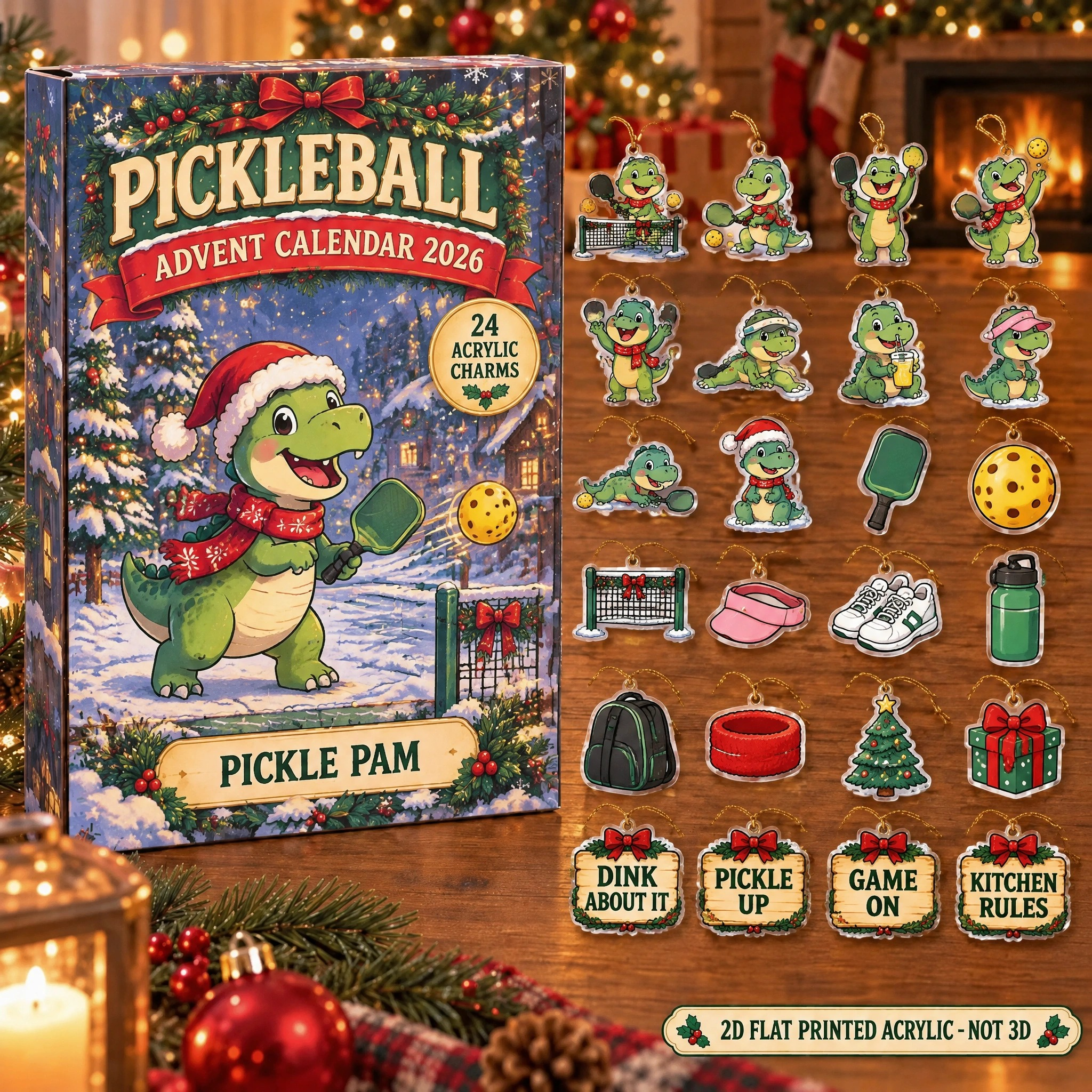 Personalized Pickleball Dinosaur advent calendar box with 24 flat acrylic Christmas charms