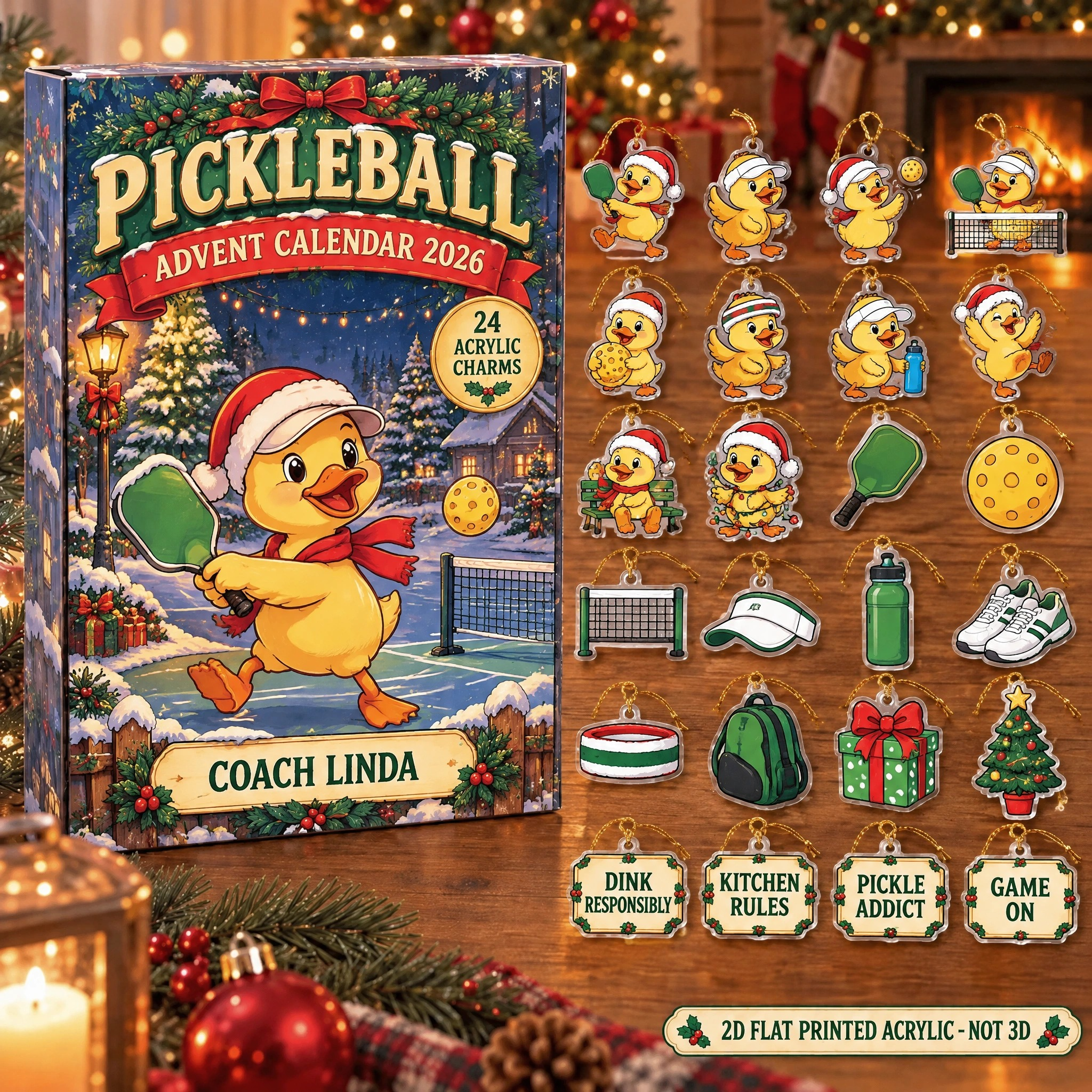 Personalized Pickleball Duck advent calendar box with 24 flat acrylic Christmas charms