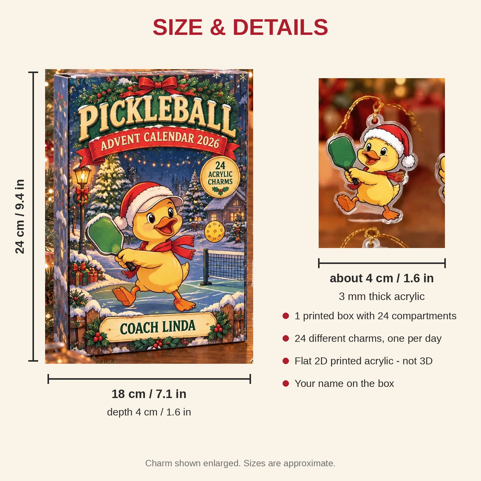 Personalized Pickleball Duck advent calendar box with 24 flat acrylic Christmas charms: box and charm sizes