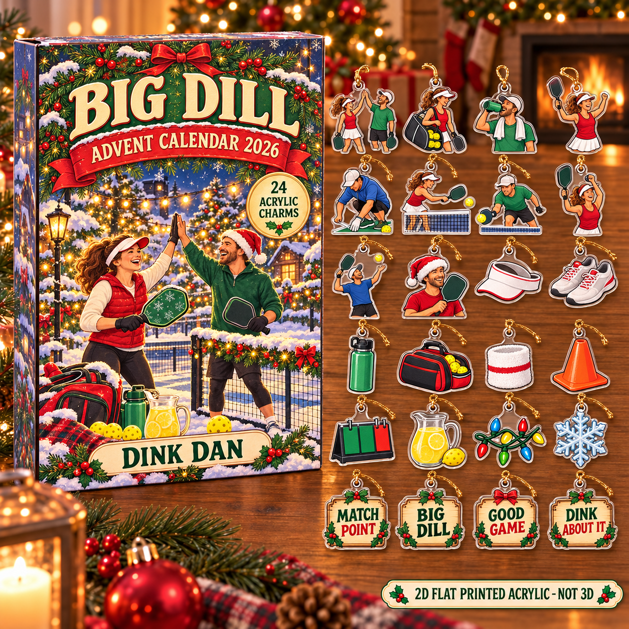 Personalized Pickleball Essentials advent calendar box with 24 flat acrylic Christmas charms
