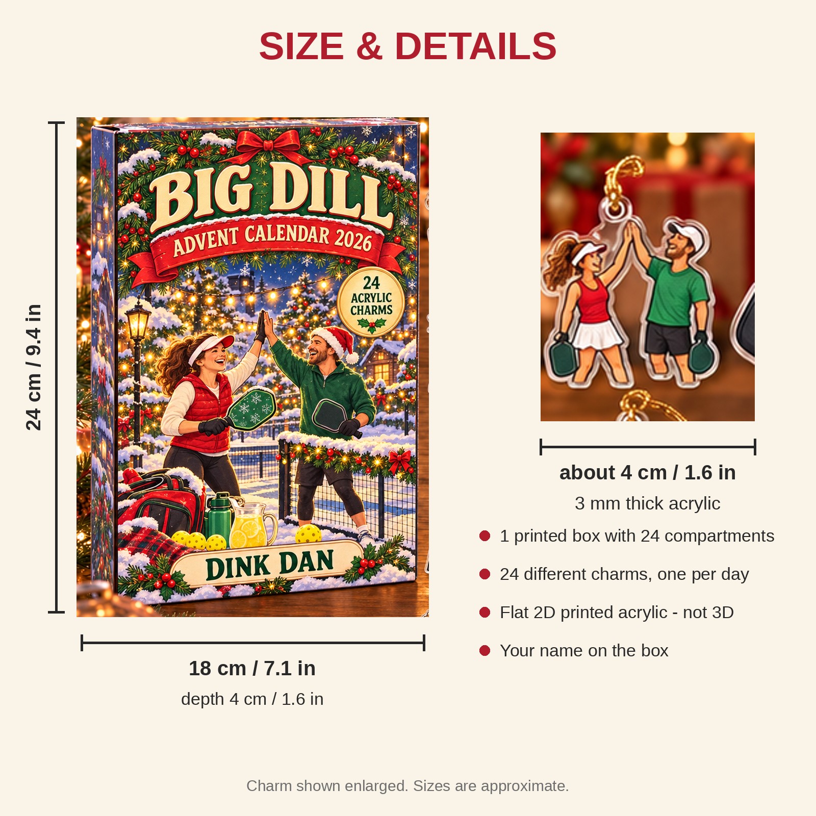 Personalized Pickleball Essentials advent calendar box with 24 flat acrylic Christmas charms: box and charm sizes