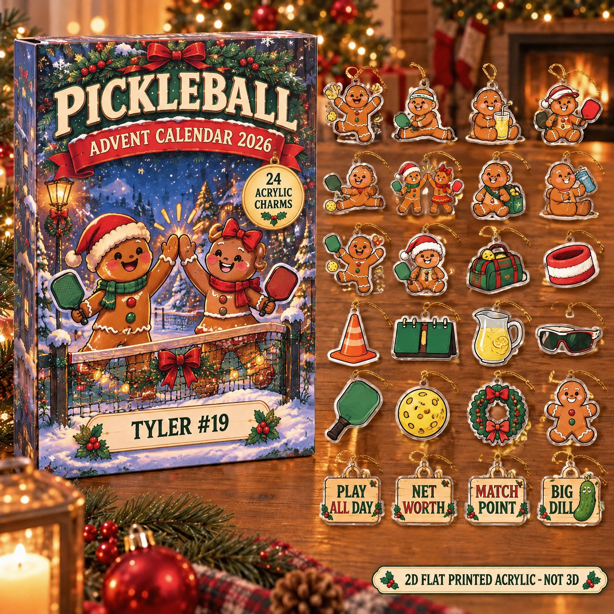 Personalized Pickleball Gingerbread advent calendar box with 24 flat acrylic Christmas charms
