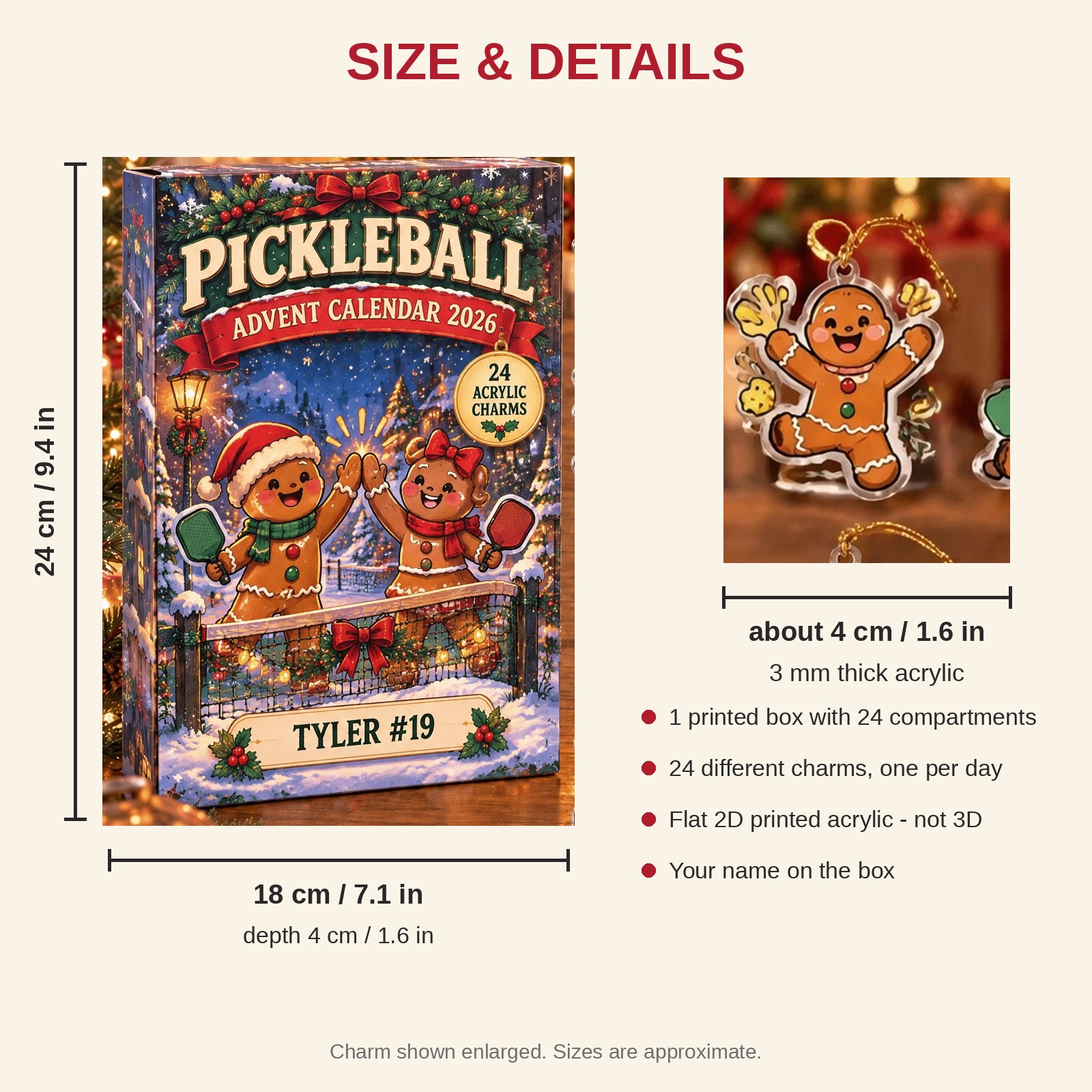 Personalized Pickleball Gingerbread advent calendar box with 24 flat acrylic Christmas charms: box and charm sizes