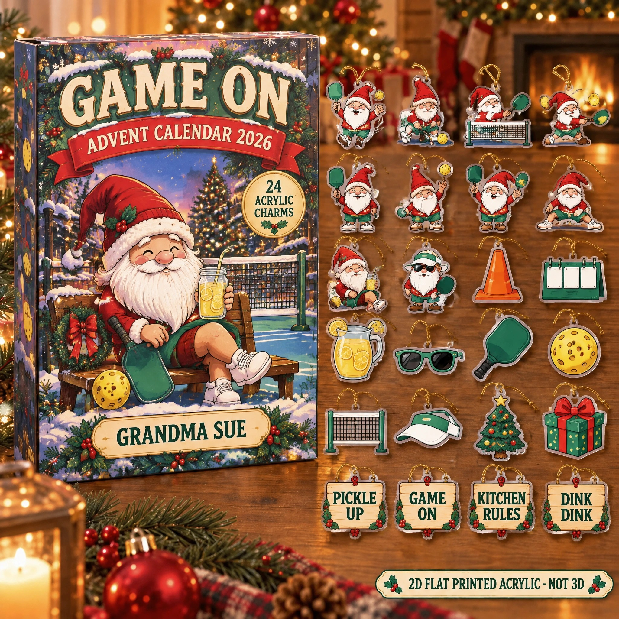 Personalized Pickleball Gnome advent calendar box with 24 flat acrylic Christmas charms