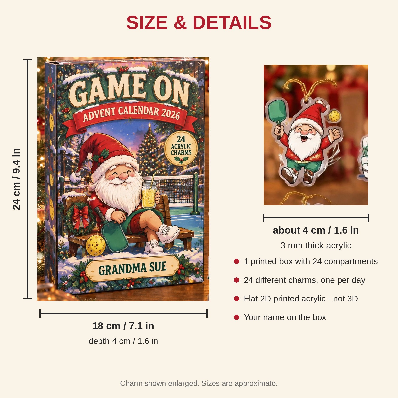 Personalized Pickleball Gnome advent calendar box with 24 flat acrylic Christmas charms: box and charm sizes