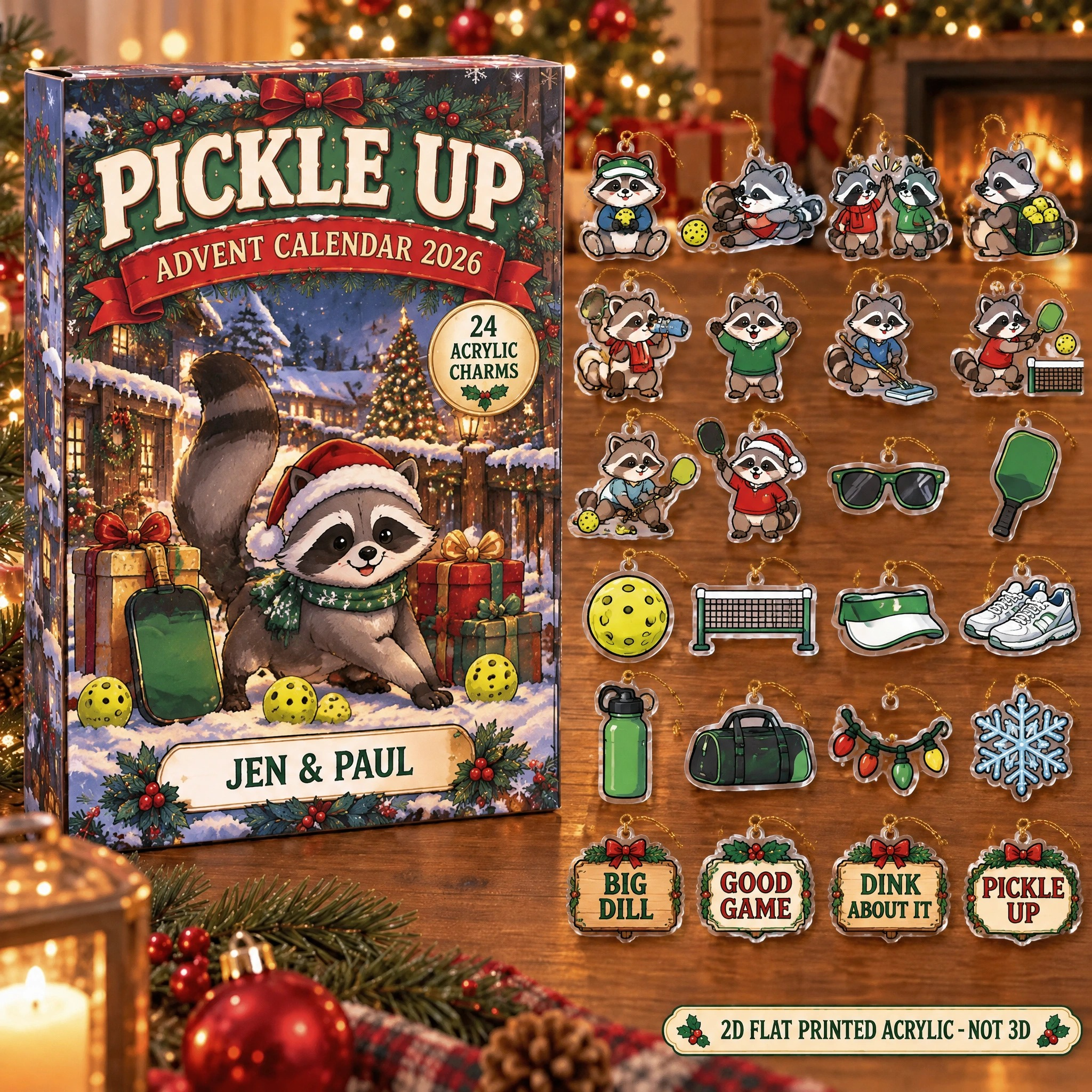 Personalized Pickleball Raccoon advent calendar box with 24 flat acrylic Christmas charms