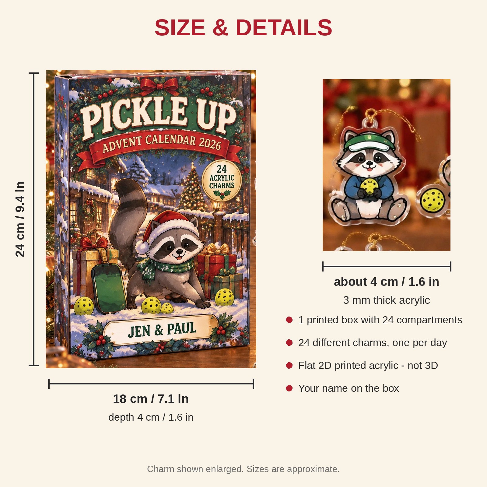 Personalized Pickleball Raccoon advent calendar box with 24 flat acrylic Christmas charms: box and charm sizes