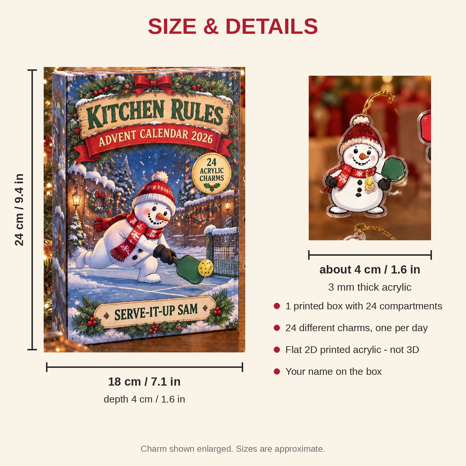 Personalized Pickleball Snowman advent calendar box with 24 flat acrylic Christmas charms: box and charm sizes