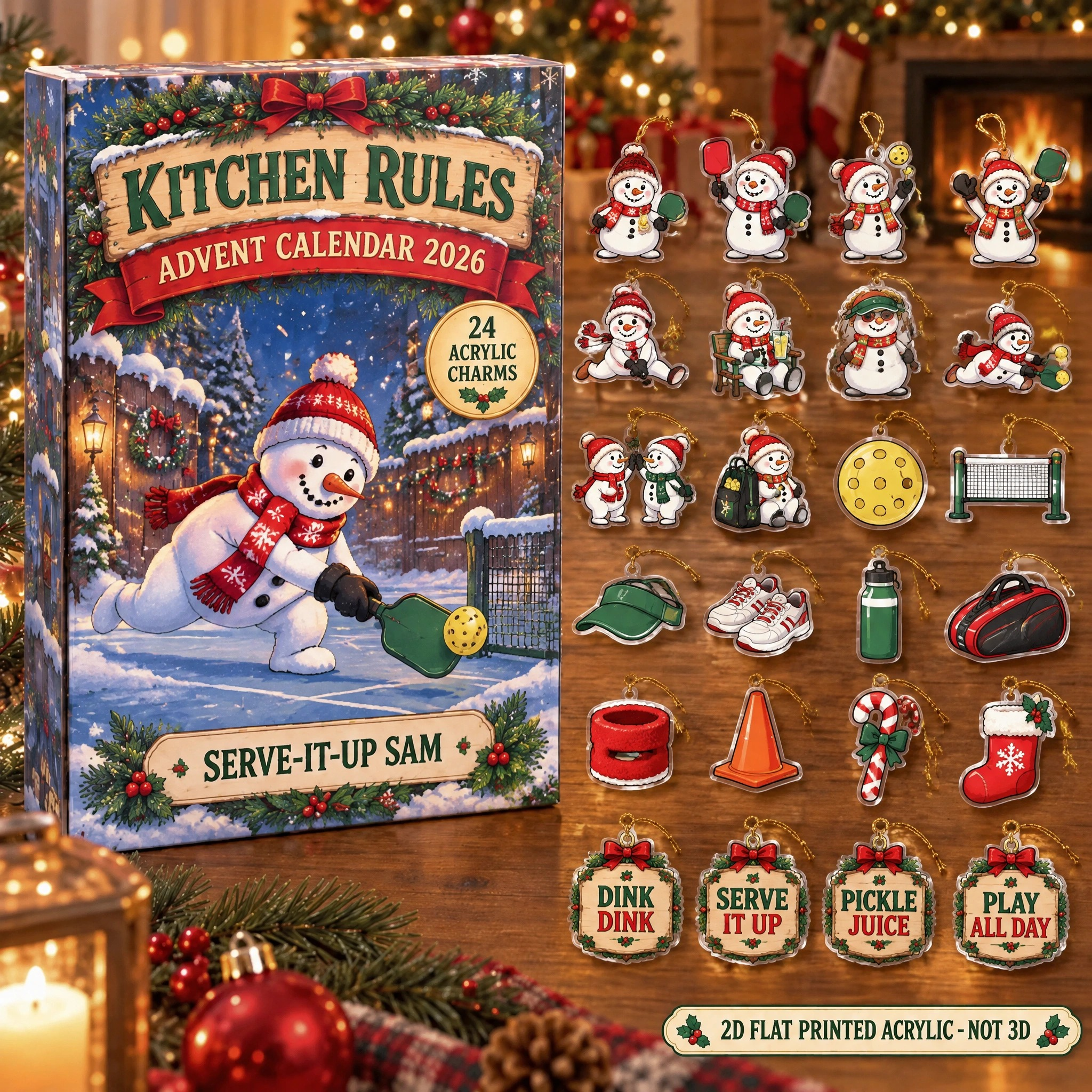Personalized Pickleball Snowman advent calendar box with 24 flat acrylic Christmas charms