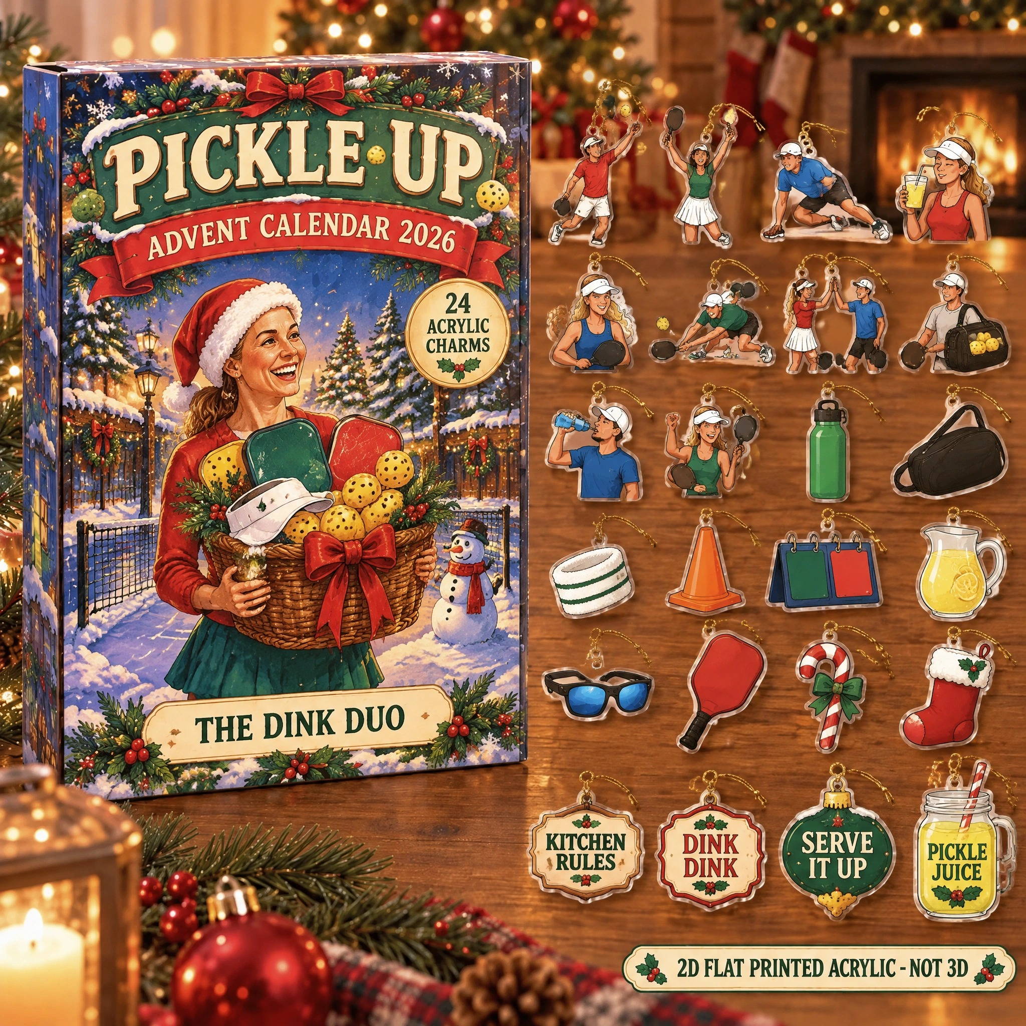 Personalized Pickleball Survival Kit advent calendar box with 24 flat acrylic Christmas charms