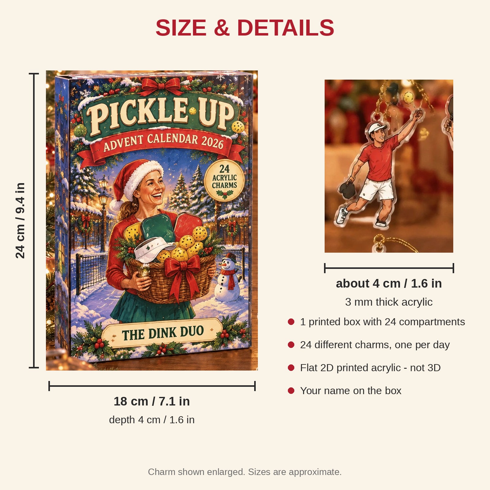 Personalized Pickleball Survival Kit advent calendar box with 24 flat acrylic Christmas charms: box and charm sizes