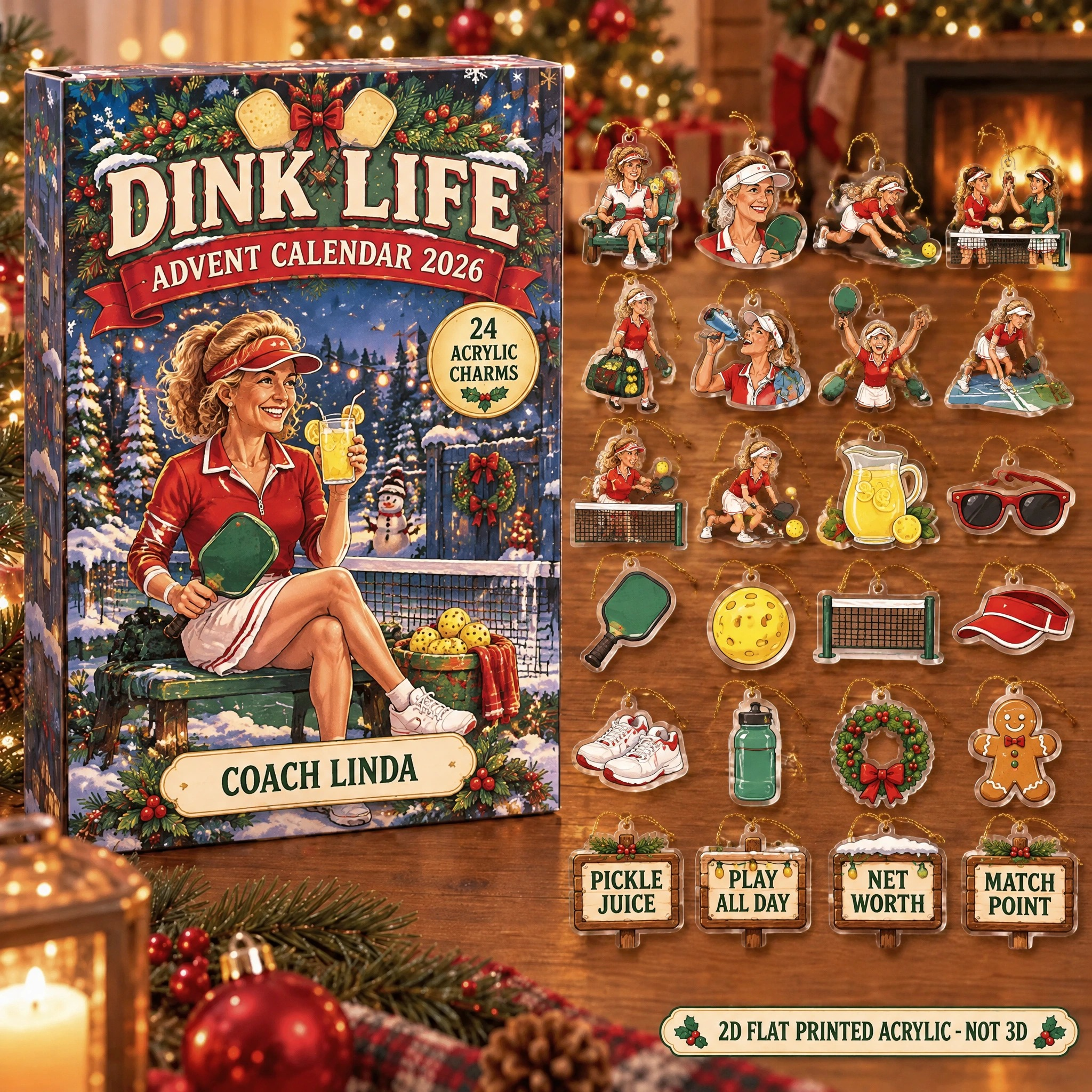 Personalized Pickleball Vintage Retro advent calendar box with 24 flat acrylic Christmas charms