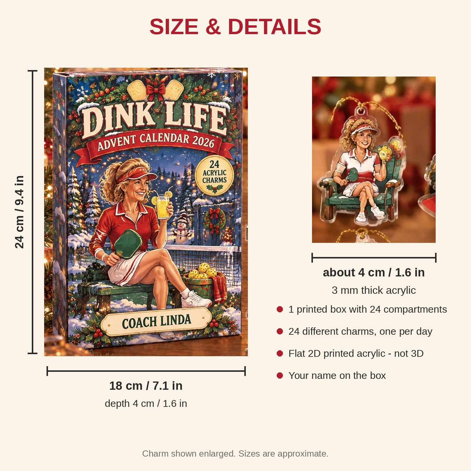 Personalized Pickleball Vintage Retro advent calendar box with 24 flat acrylic Christmas charms: box and charm sizes