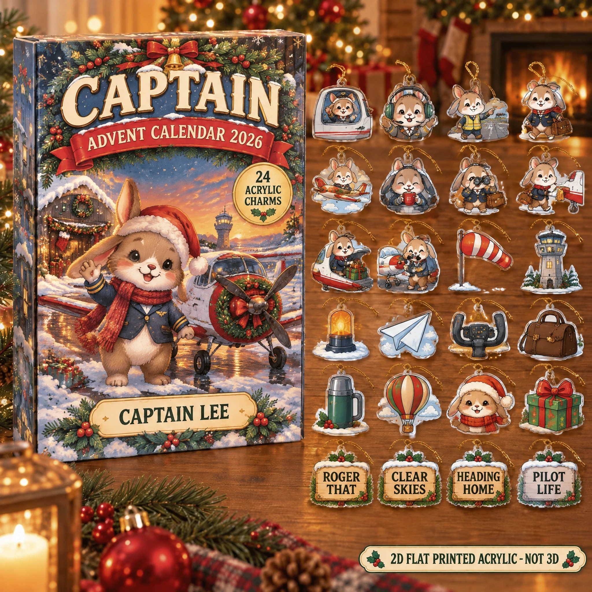 Personalized Pilot Bunny advent calendar box with 24 flat acrylic Christmas charms