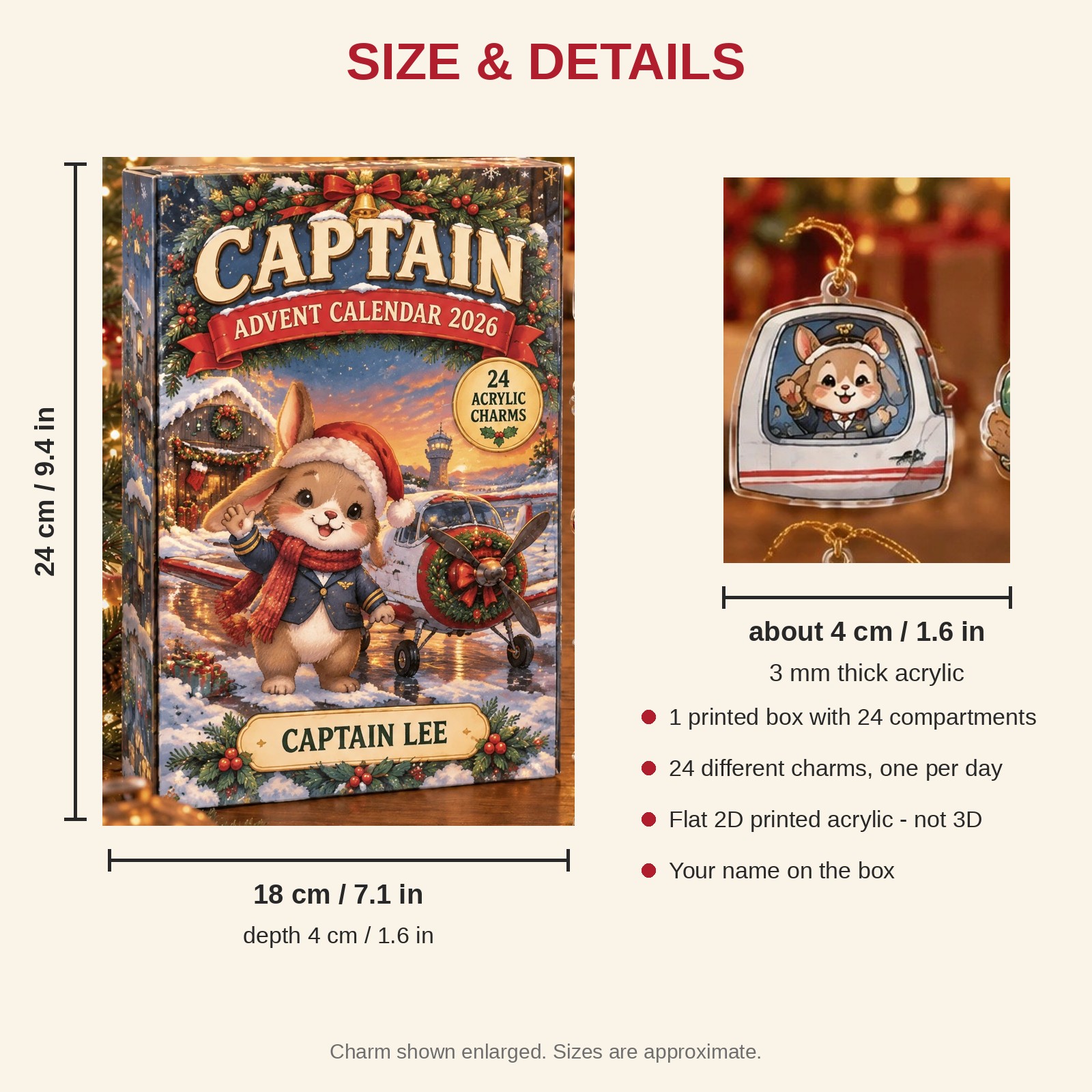 Personalized Pilot Bunny advent calendar box with 24 flat acrylic Christmas charms: box and charm sizes
