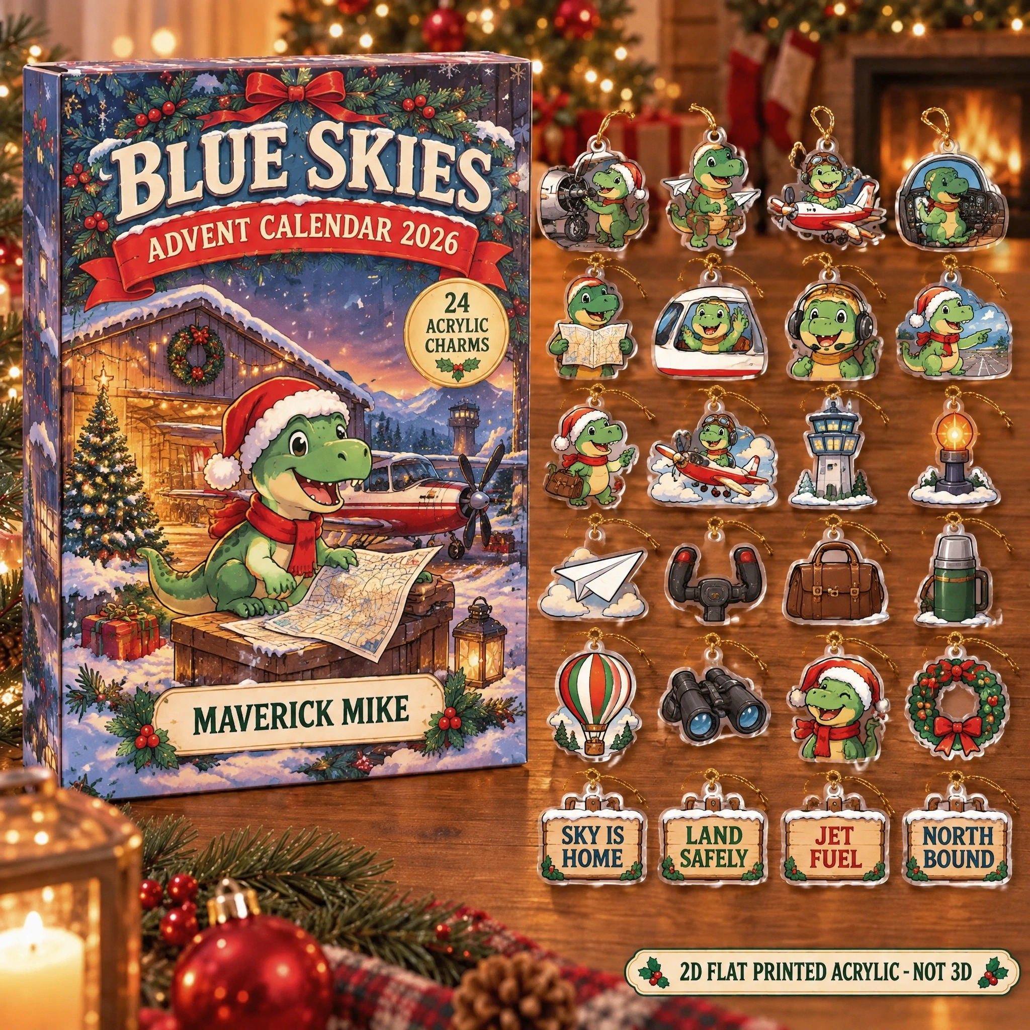 Personalized Pilot Dinosaur advent calendar box with 24 flat acrylic Christmas charms