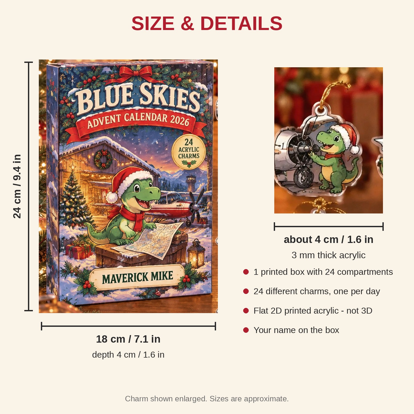 Personalized Pilot Dinosaur advent calendar box with 24 flat acrylic Christmas charms: box and charm sizes