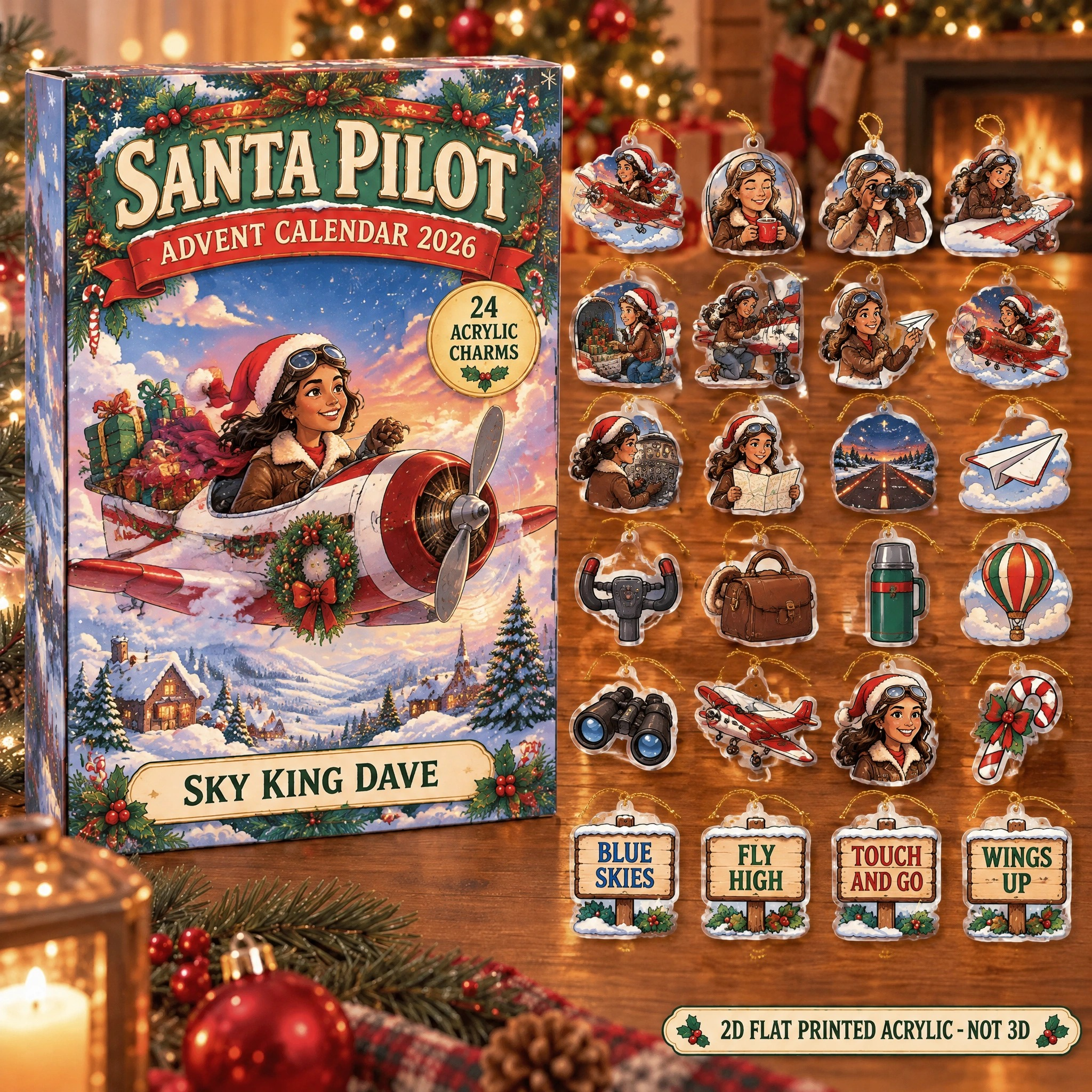 Personalized Pilot Essentials advent calendar box with 24 flat acrylic Christmas charms