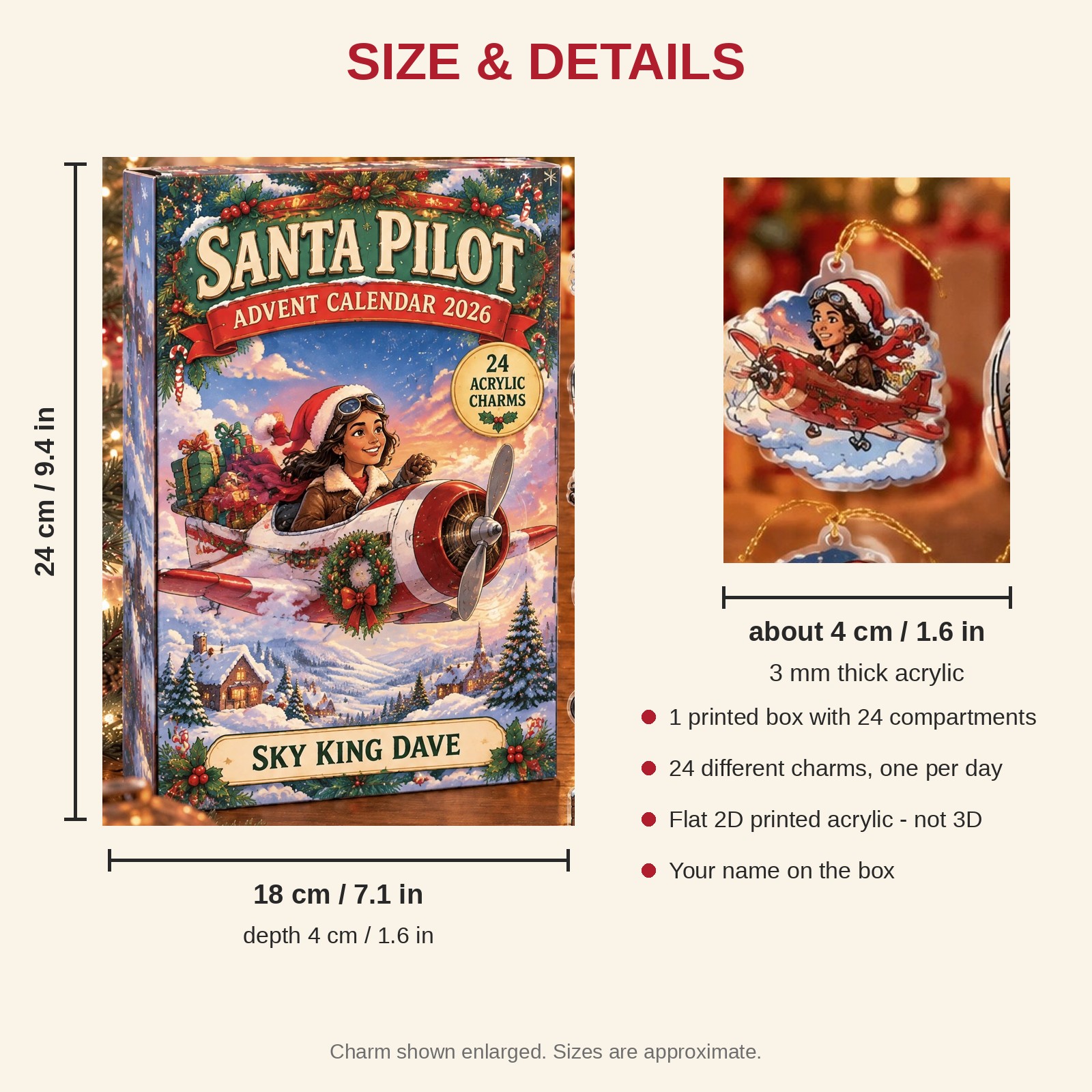 Personalized Pilot Essentials advent calendar box with 24 flat acrylic Christmas charms: box and charm sizes