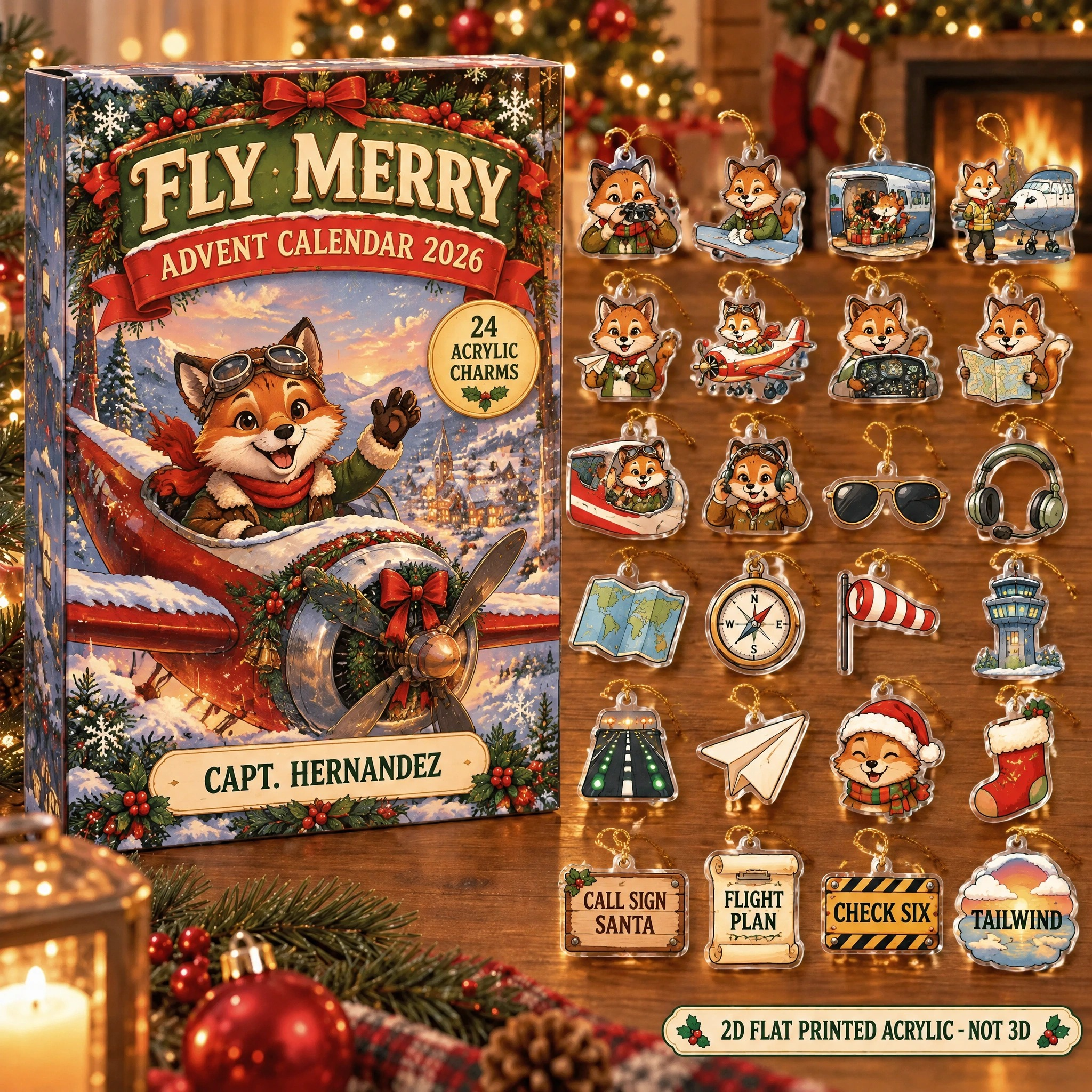 Personalized Pilot Fox advent calendar box with 24 flat acrylic Christmas charms