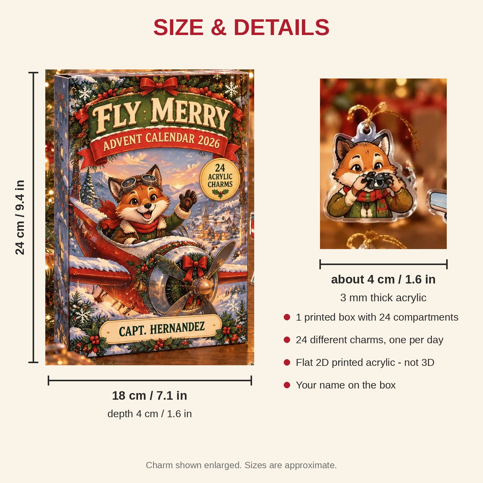 Personalized Pilot Fox advent calendar box with 24 flat acrylic Christmas charms: box and charm sizes