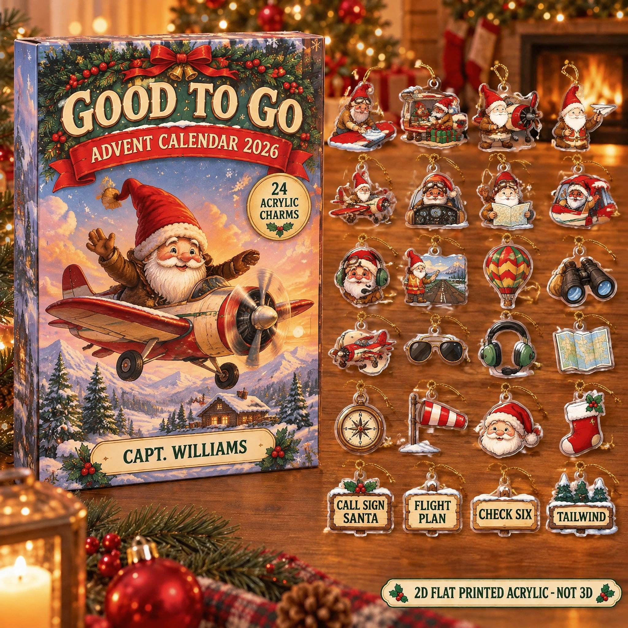 Personalized Pilot Gnome advent calendar box with 24 flat acrylic Christmas charms