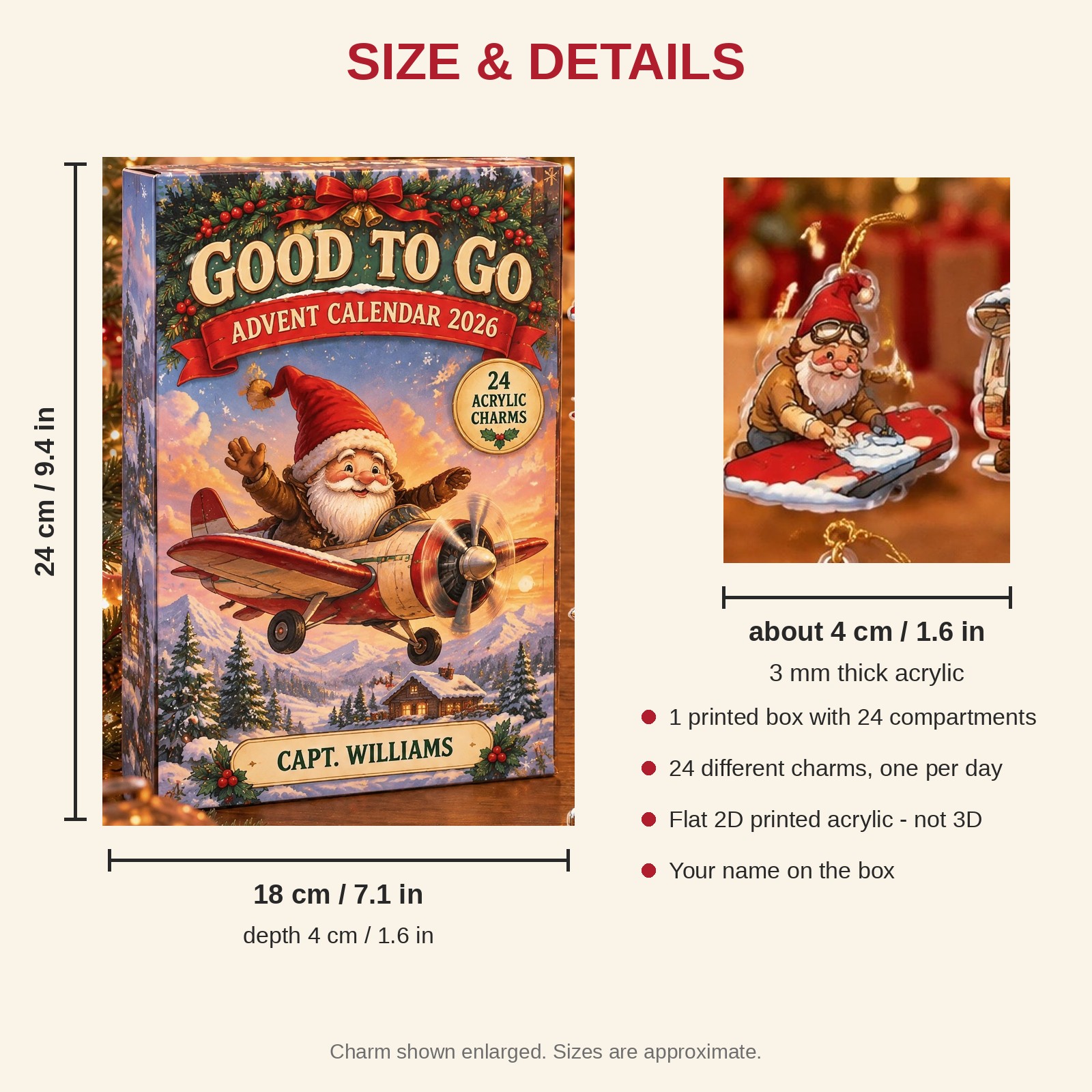 Personalized Pilot Gnome advent calendar box with 24 flat acrylic Christmas charms: box and charm sizes