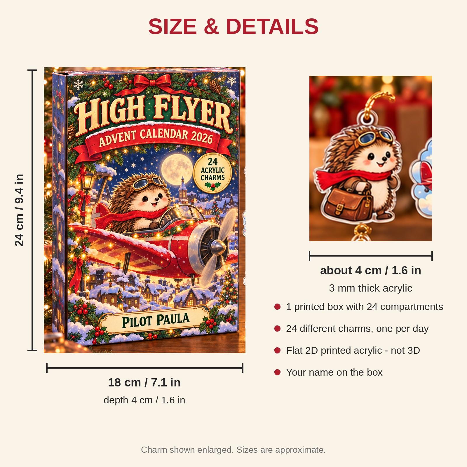 Personalized Pilot Hedgehog advent calendar box with 24 flat acrylic Christmas charms: box and charm sizes