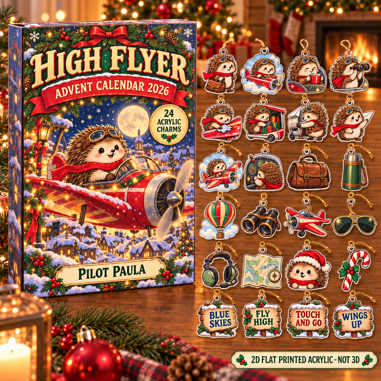 Personalized Pilot Hedgehog advent calendar box with 24 flat acrylic Christmas charms