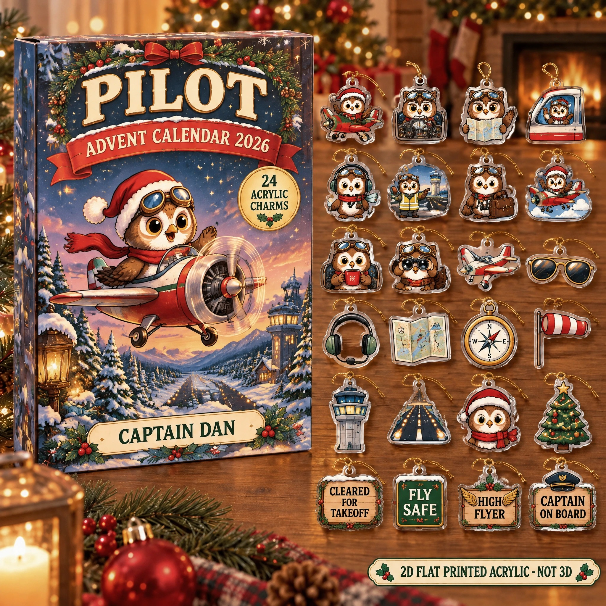 Personalized Pilot Owl advent calendar box with 24 flat acrylic Christmas charms