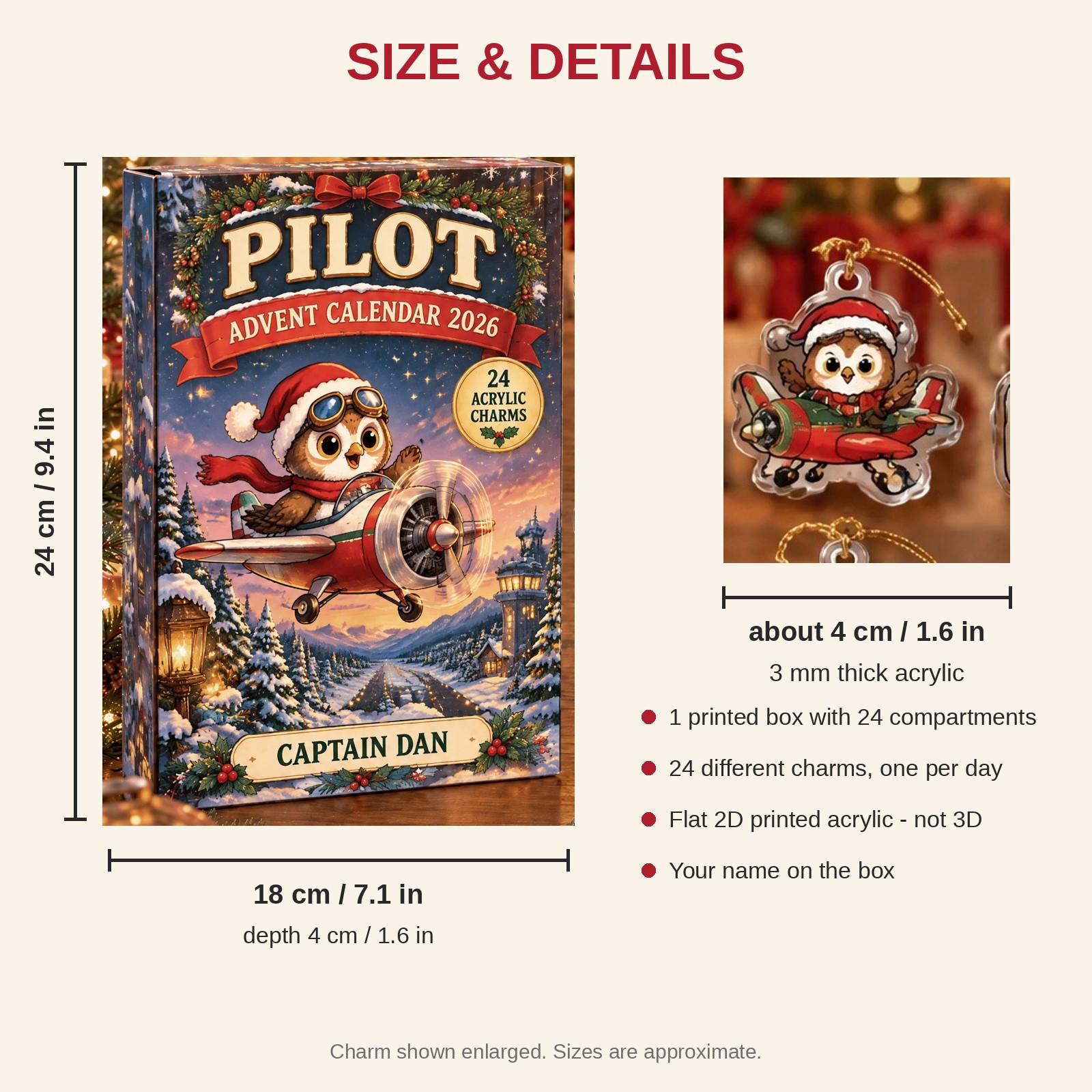 Personalized Pilot Owl advent calendar box with 24 flat acrylic Christmas charms: box and charm sizes