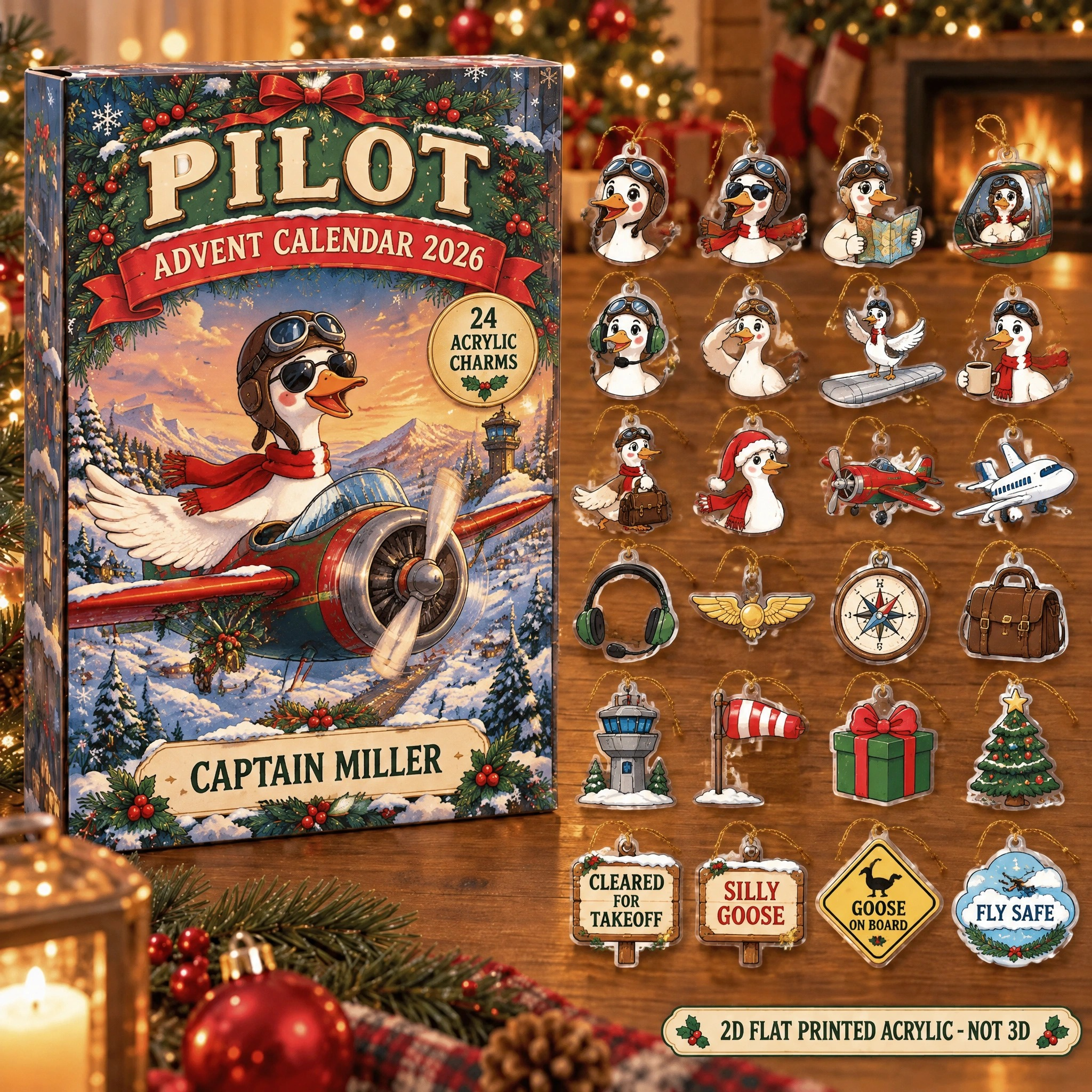 Personalized Pilot Silly Goose advent calendar box with 24 flat acrylic Christmas charms