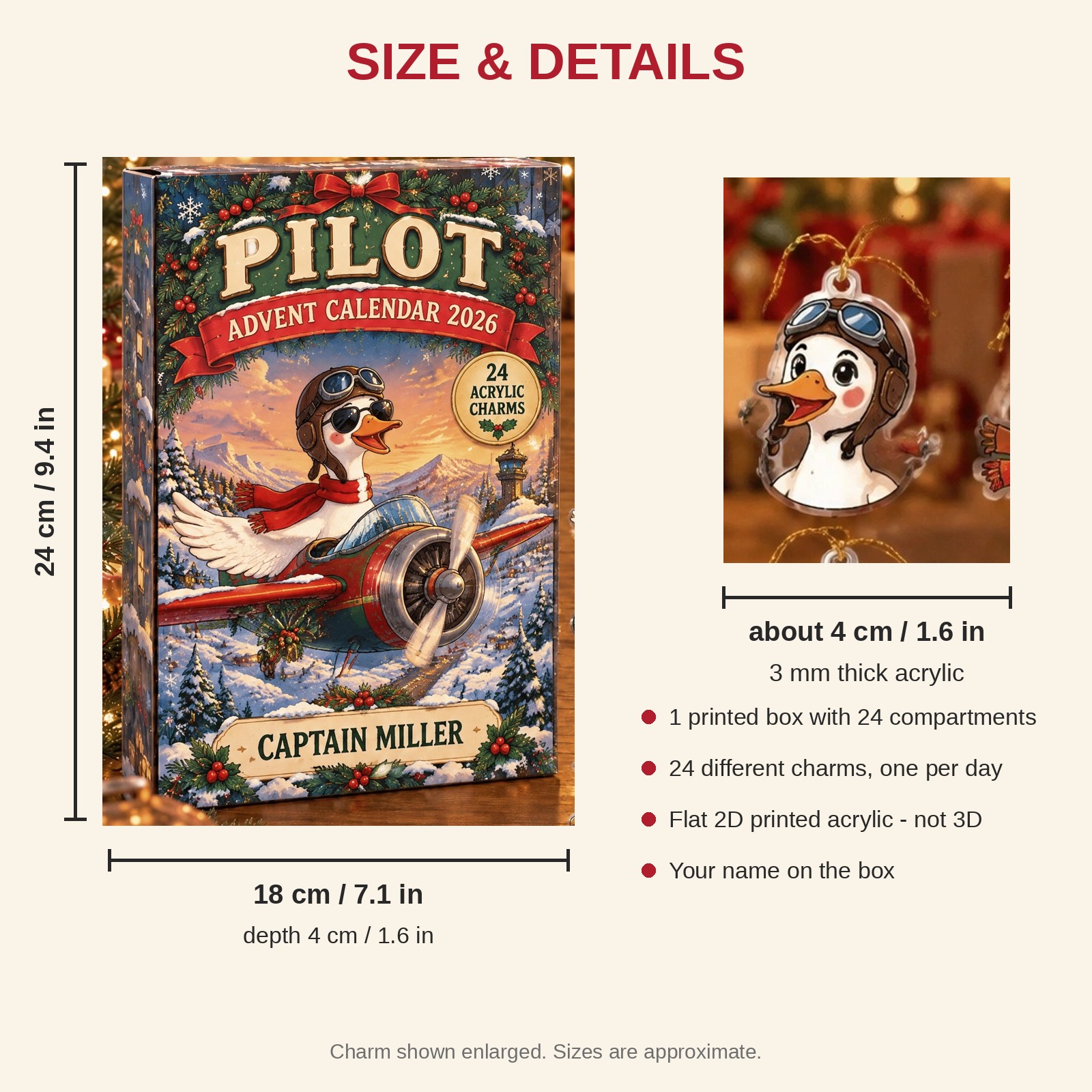 Personalized Pilot Silly Goose advent calendar box with 24 flat acrylic Christmas charms: box and charm sizes