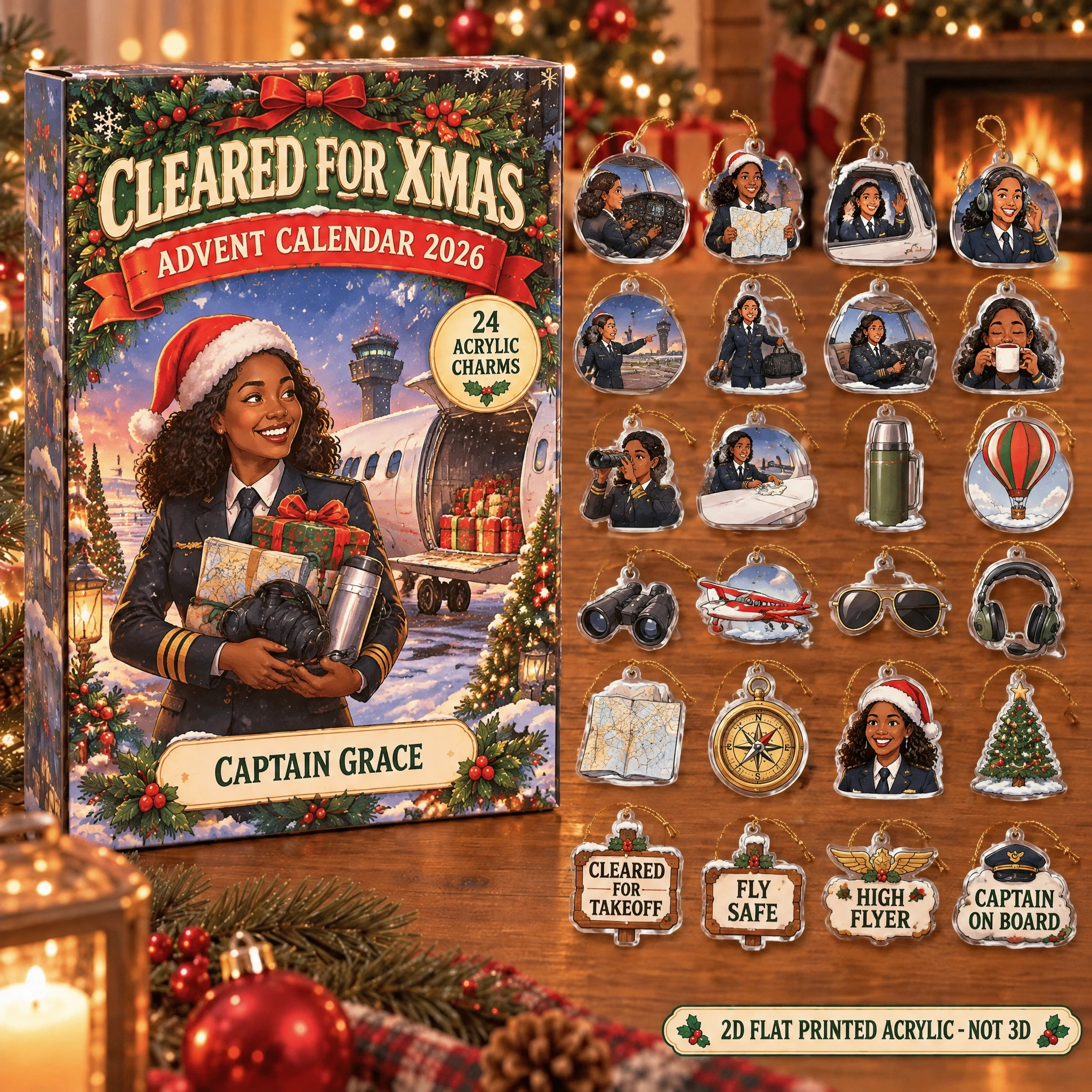 Personalized Pilot Survival Kit advent calendar box with 24 flat acrylic Christmas charms