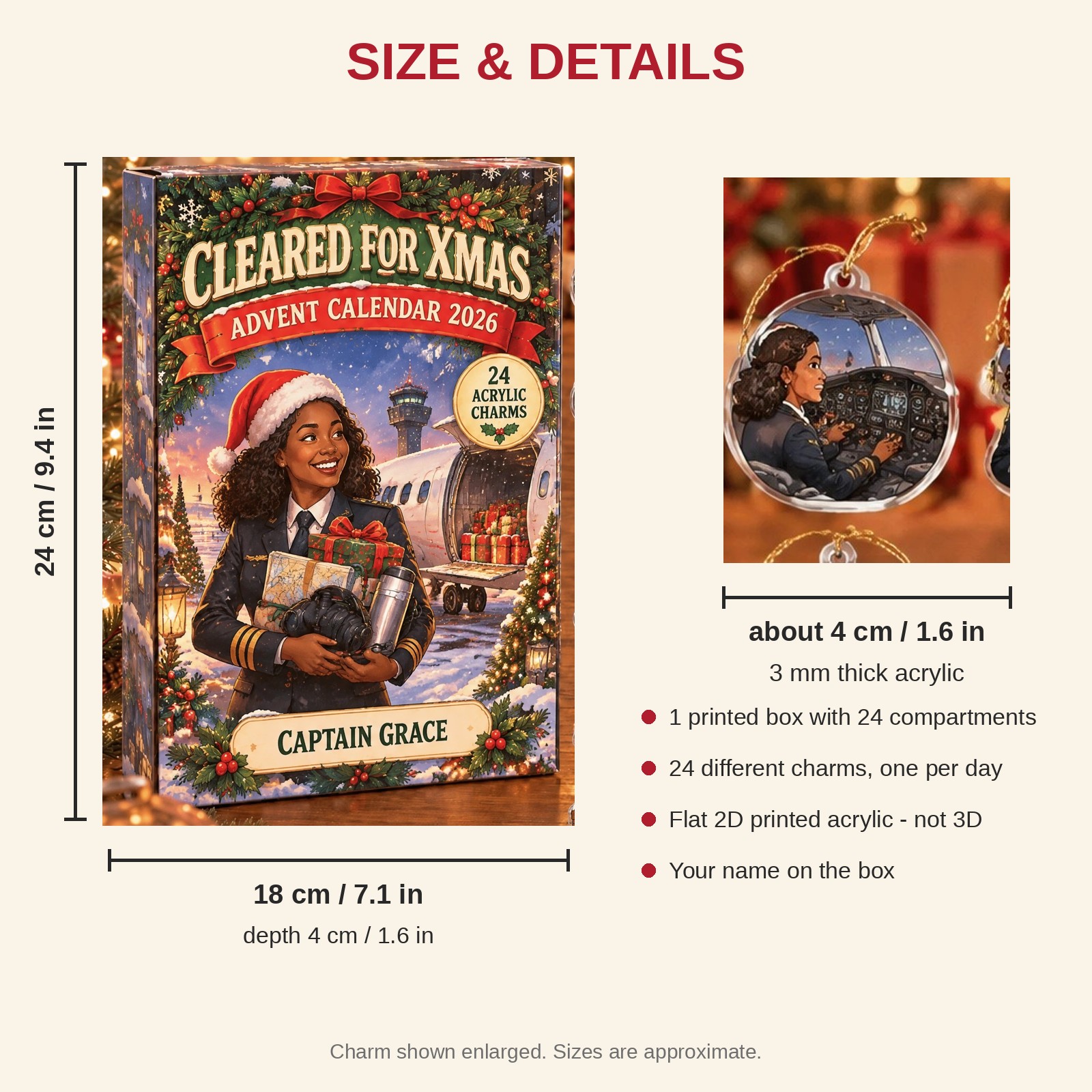 Personalized Pilot Survival Kit advent calendar box with 24 flat acrylic Christmas charms: box and charm sizes