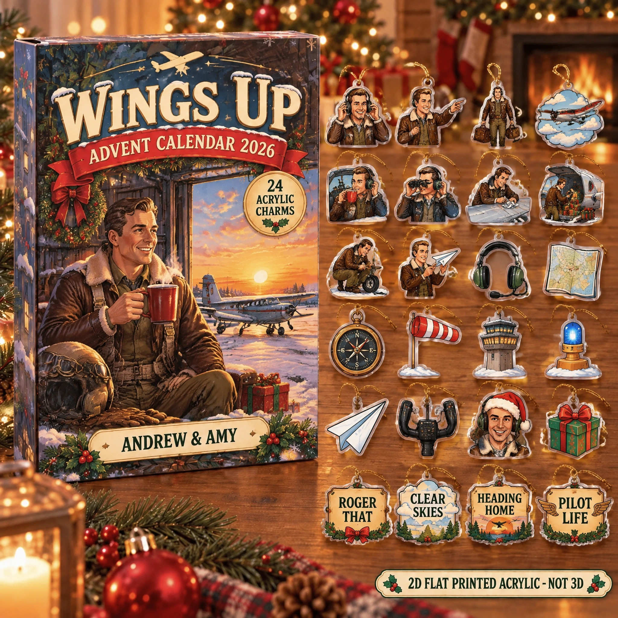 Personalized Vintage Pilot advent calendar box with 24 flat acrylic Christmas charms