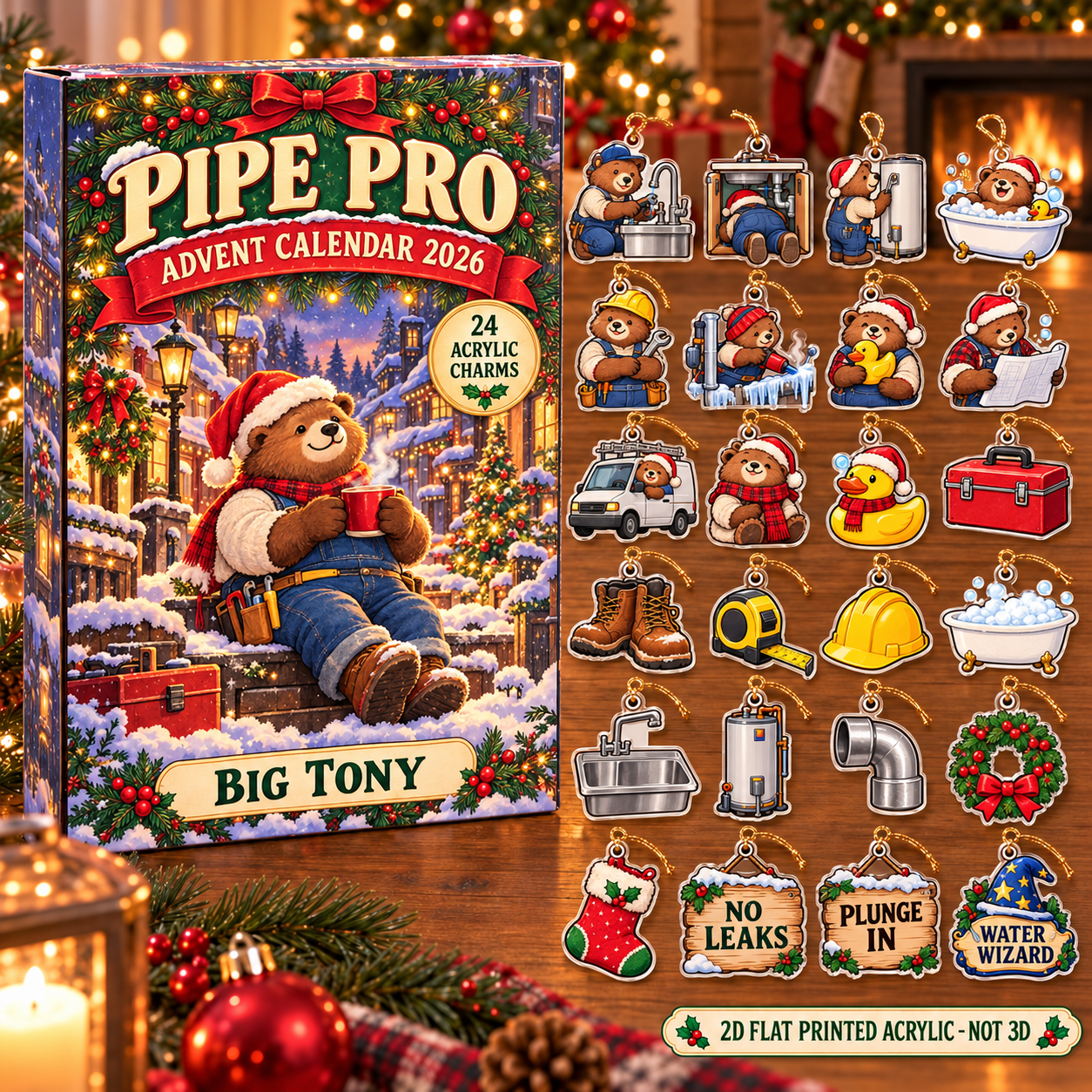 Personalized Plumber Bear advent calendar box with 24 flat acrylic Christmas charms