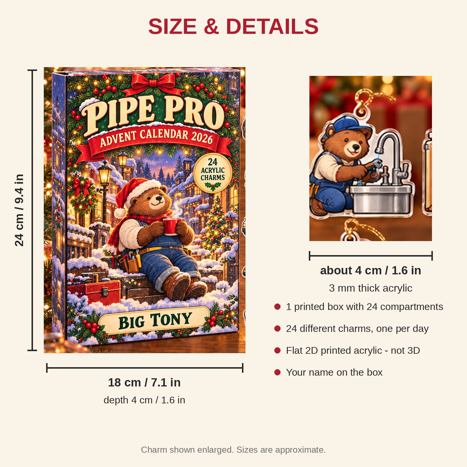 Personalized Plumber Bear advent calendar box with 24 flat acrylic Christmas charms: box and charm sizes