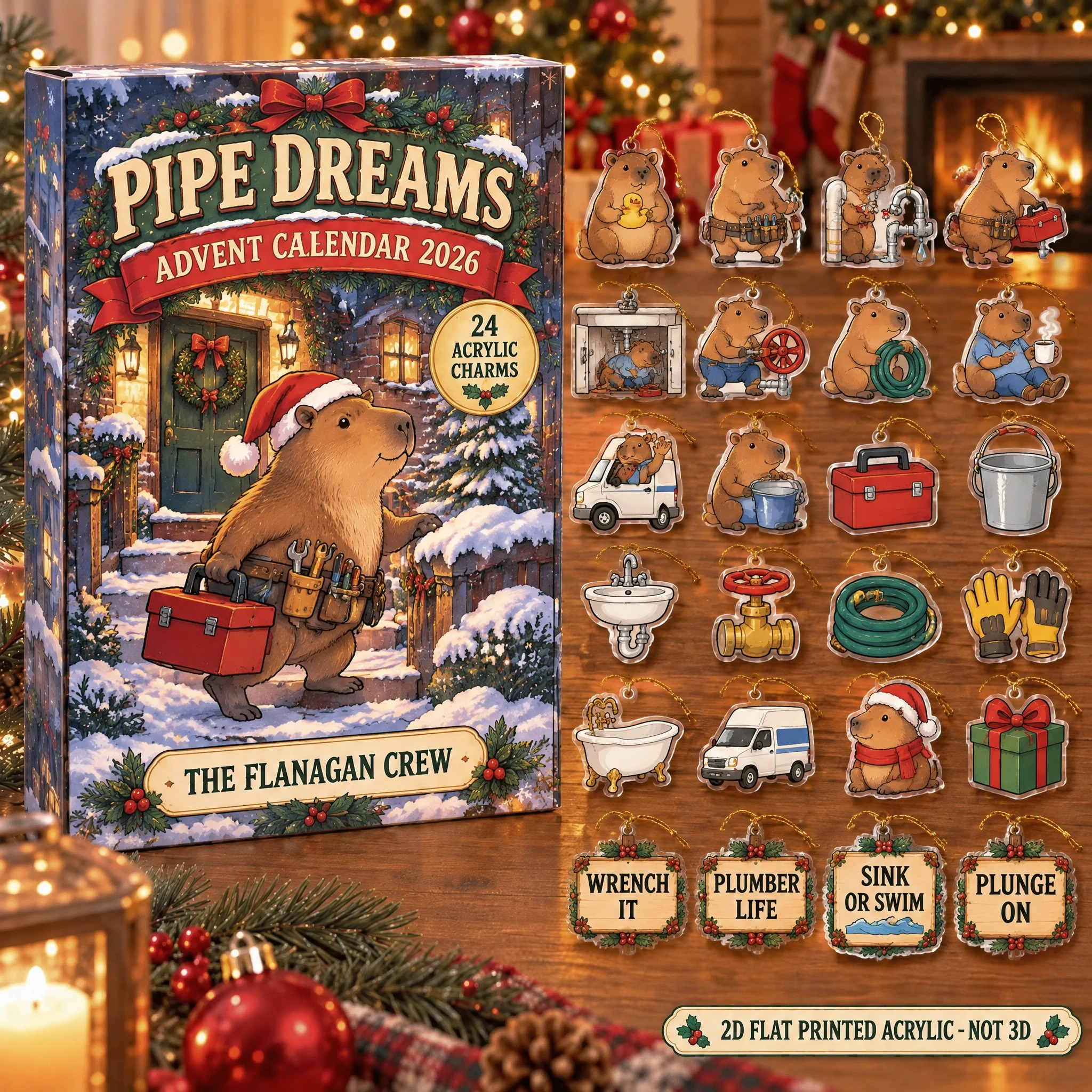 Personalized Plumber Capybara advent calendar box with 24 flat acrylic Christmas charms