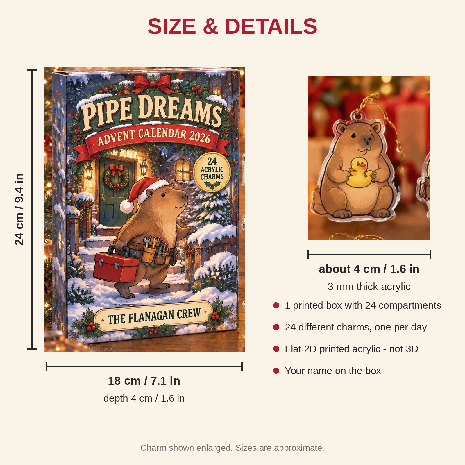 Personalized Plumber Capybara advent calendar box with 24 flat acrylic Christmas charms: box and charm sizes