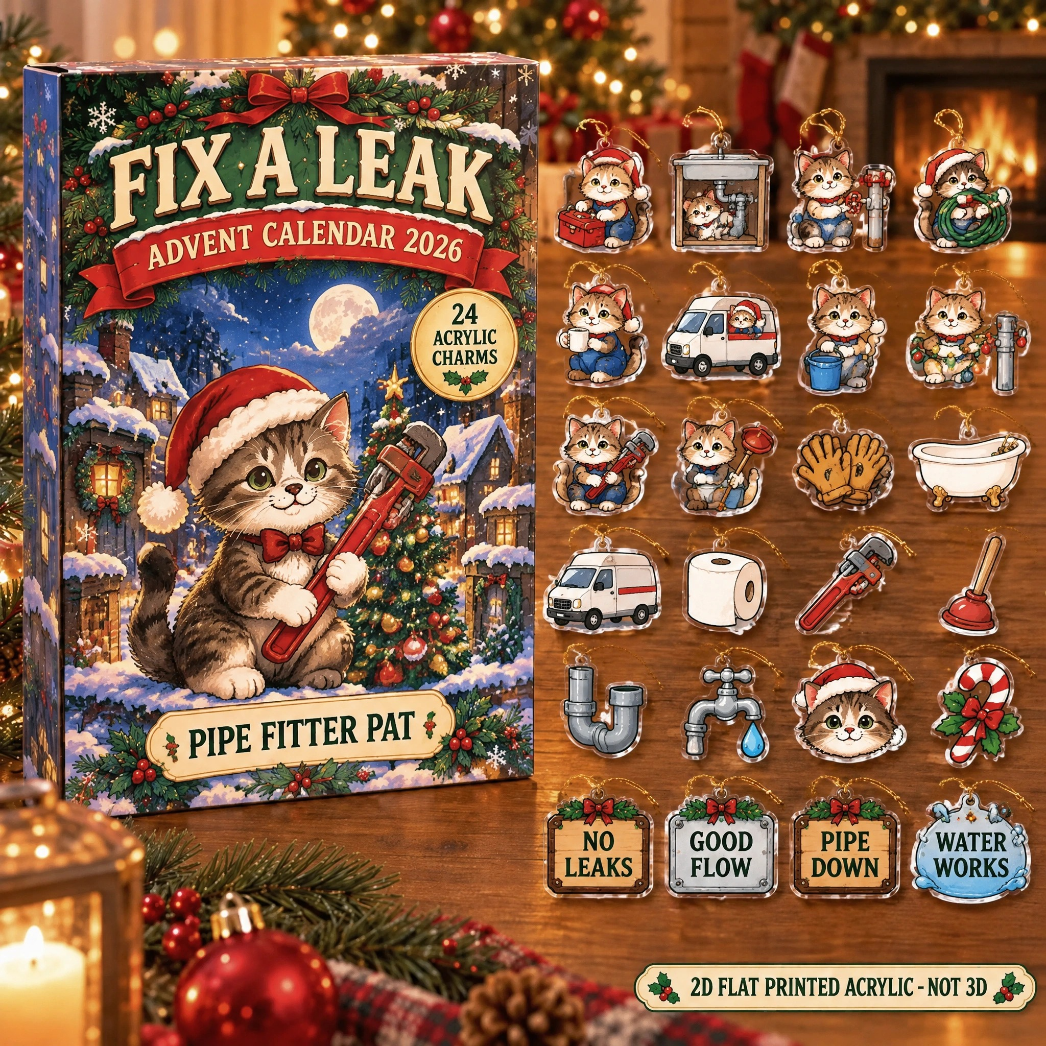 Personalized Plumber Cat advent calendar box with 24 flat acrylic Christmas charms