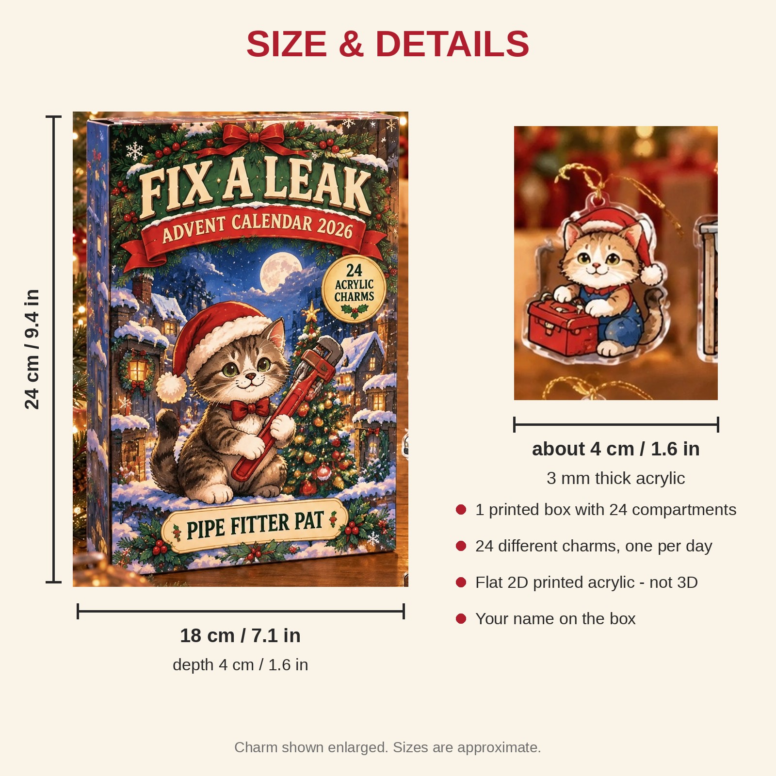 Personalized Plumber Cat advent calendar box with 24 flat acrylic Christmas charms: box and charm sizes