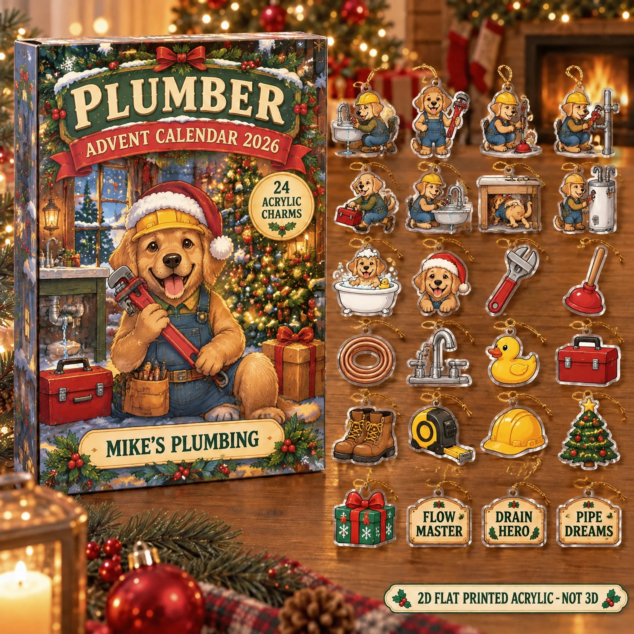 Personalized Plumber Dog advent calendar box with 24 flat acrylic Christmas charms