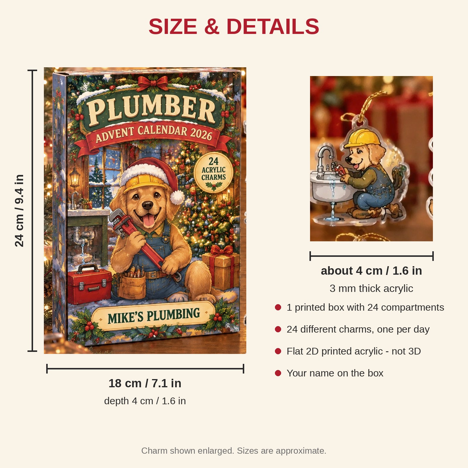 Personalized Plumber Dog advent calendar box with 24 flat acrylic Christmas charms: box and charm sizes