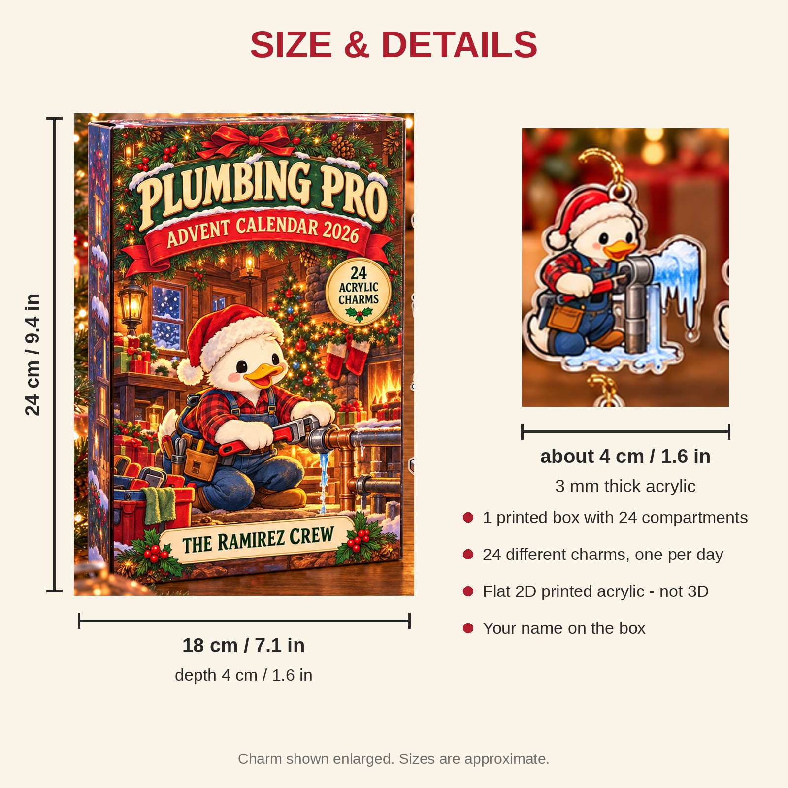 Personalized Plumber Duck advent calendar box with 24 flat acrylic Christmas charms: box and charm sizes
