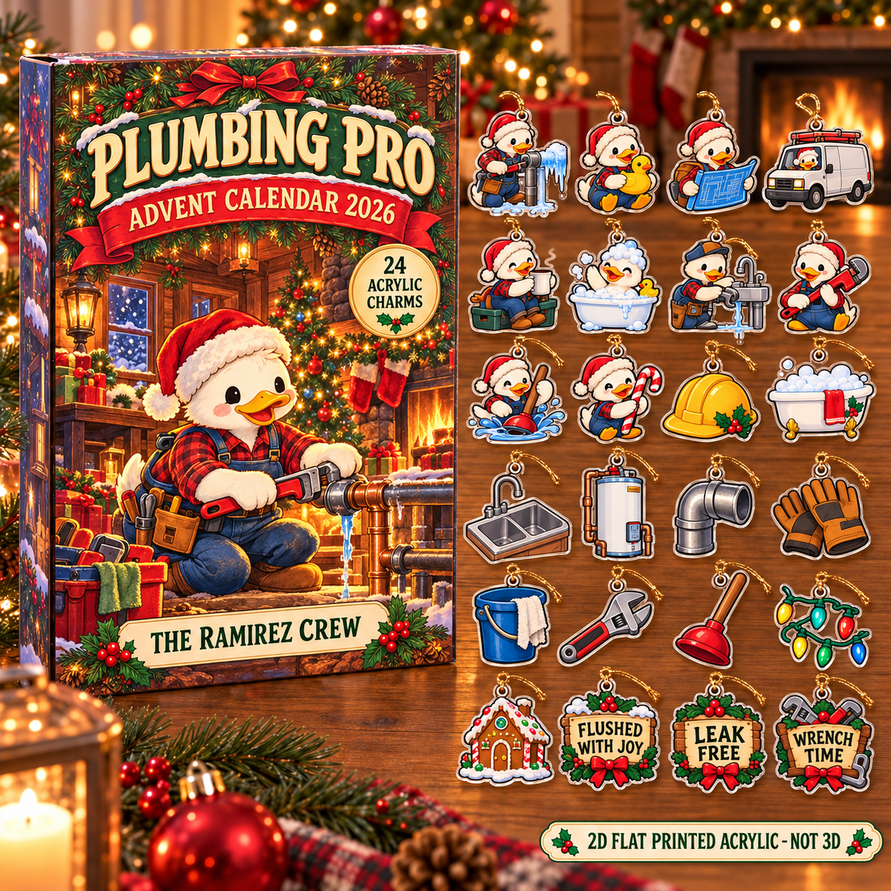 Personalized Plumber Duck advent calendar box with 24 flat acrylic Christmas charms