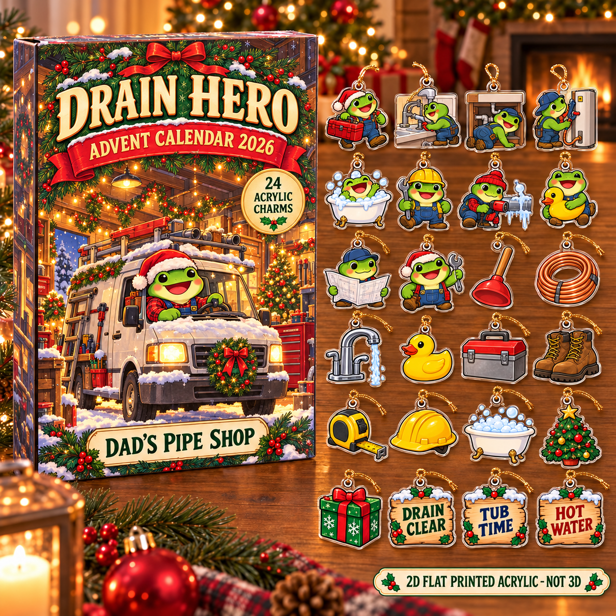 Personalized Plumber Frog advent calendar box with 24 flat acrylic Christmas charms