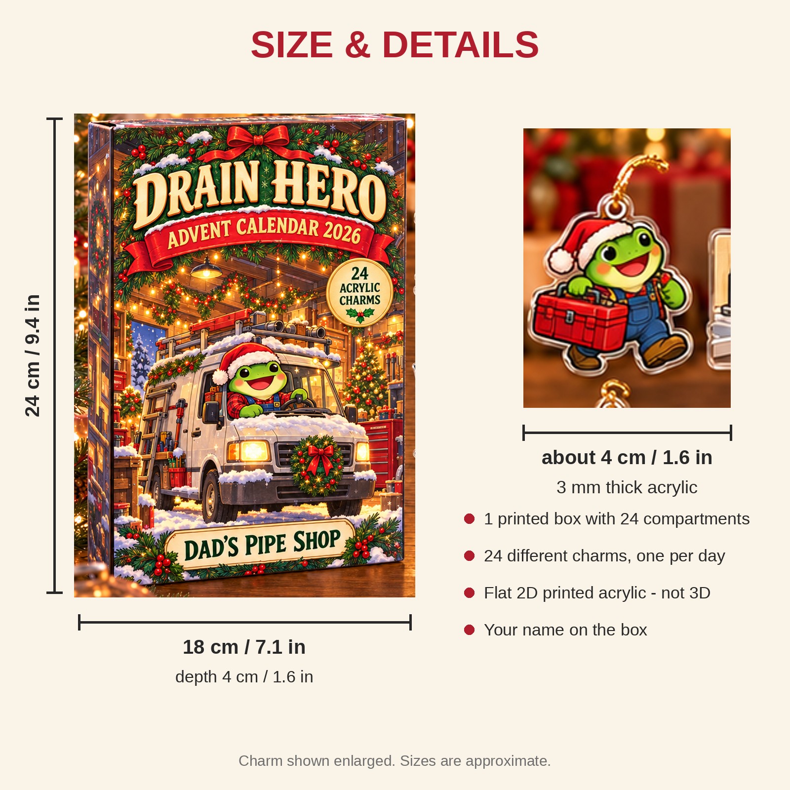 Personalized Plumber Frog advent calendar box with 24 flat acrylic Christmas charms: box and charm sizes