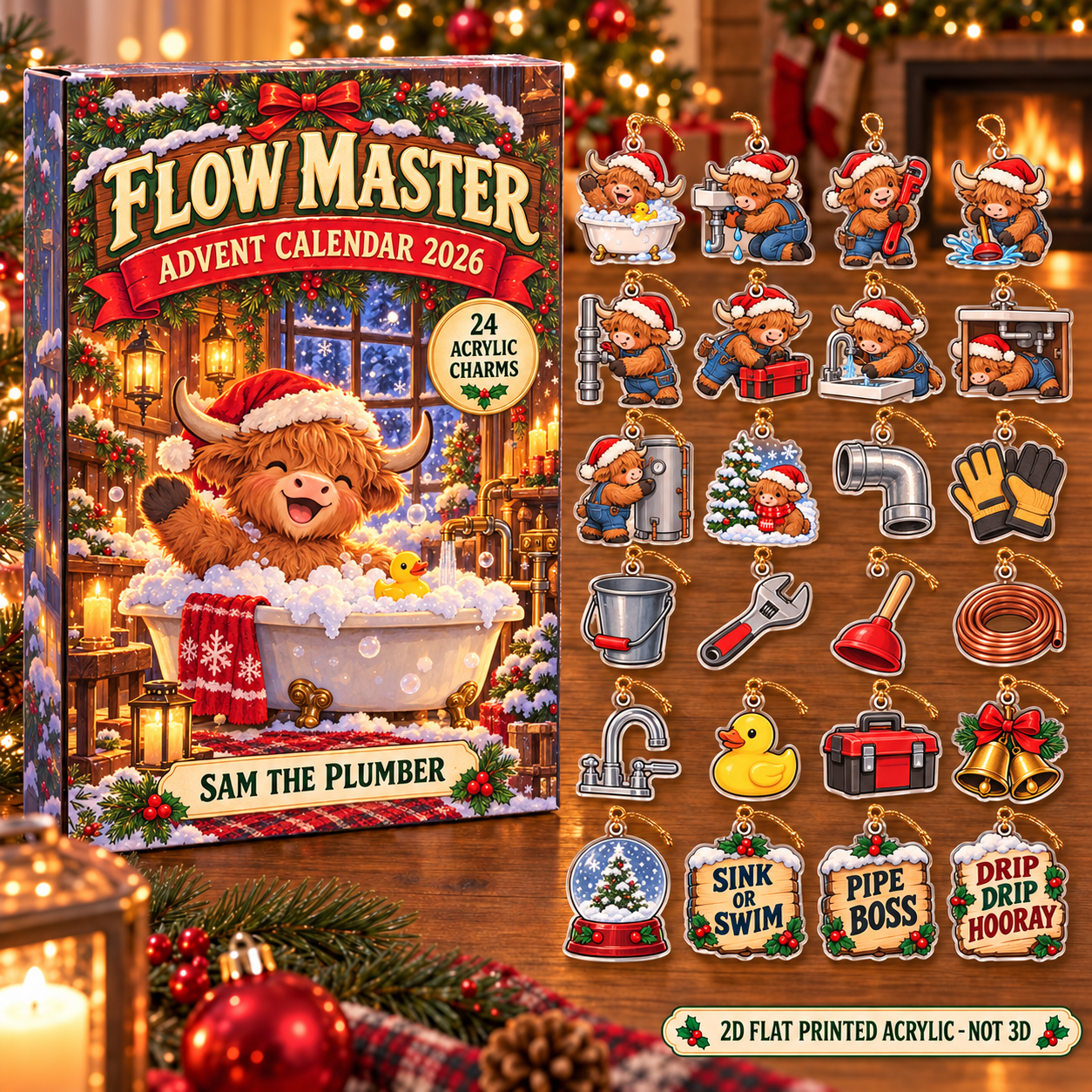 Personalized Plumber Highland Cow advent calendar box with 24 flat acrylic Christmas charms